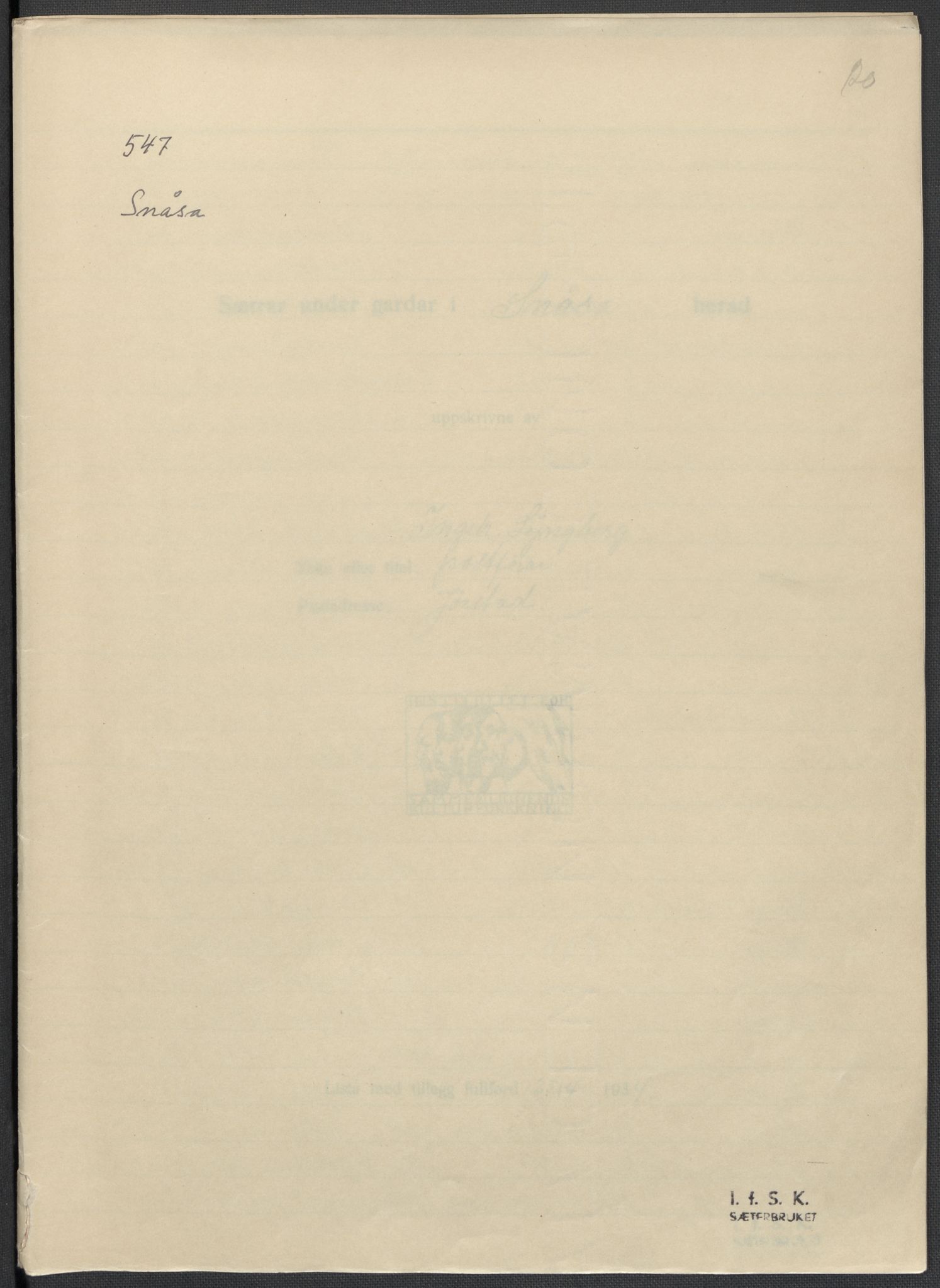 Instituttet for sammenlignende kulturforskning, AV/RA-PA-0424/F/Fc/L0015/0003: Eske B15: / Nord-Trøndelag (perm XLIV-XLV), 1933-1939, s. 20