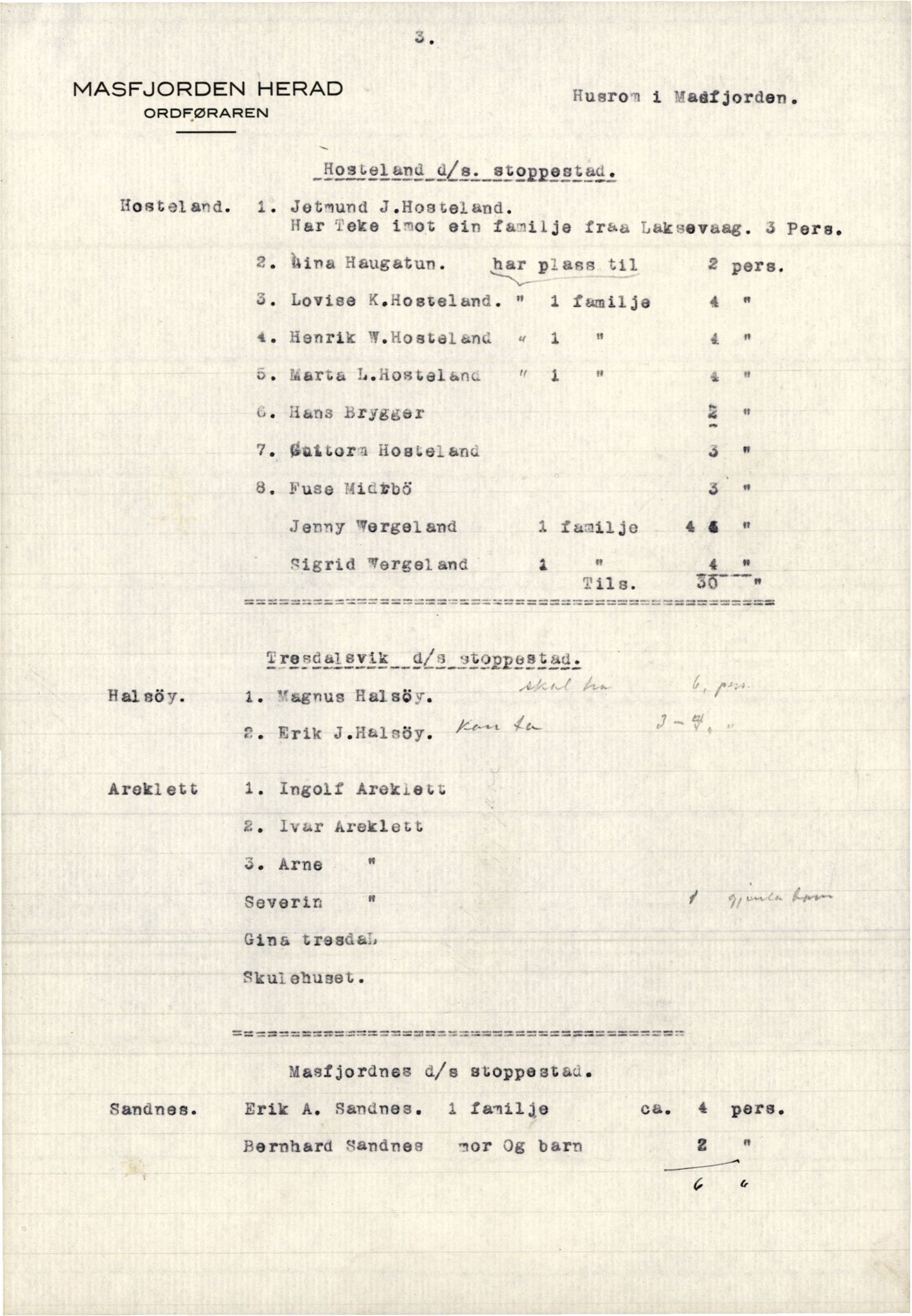 Masfjorden kommune. Formannskapet, IKAH/1266-021/E/Ea/L0004/0001: E - J / Evakuerte frå Bergen og Laksevåg, 1944