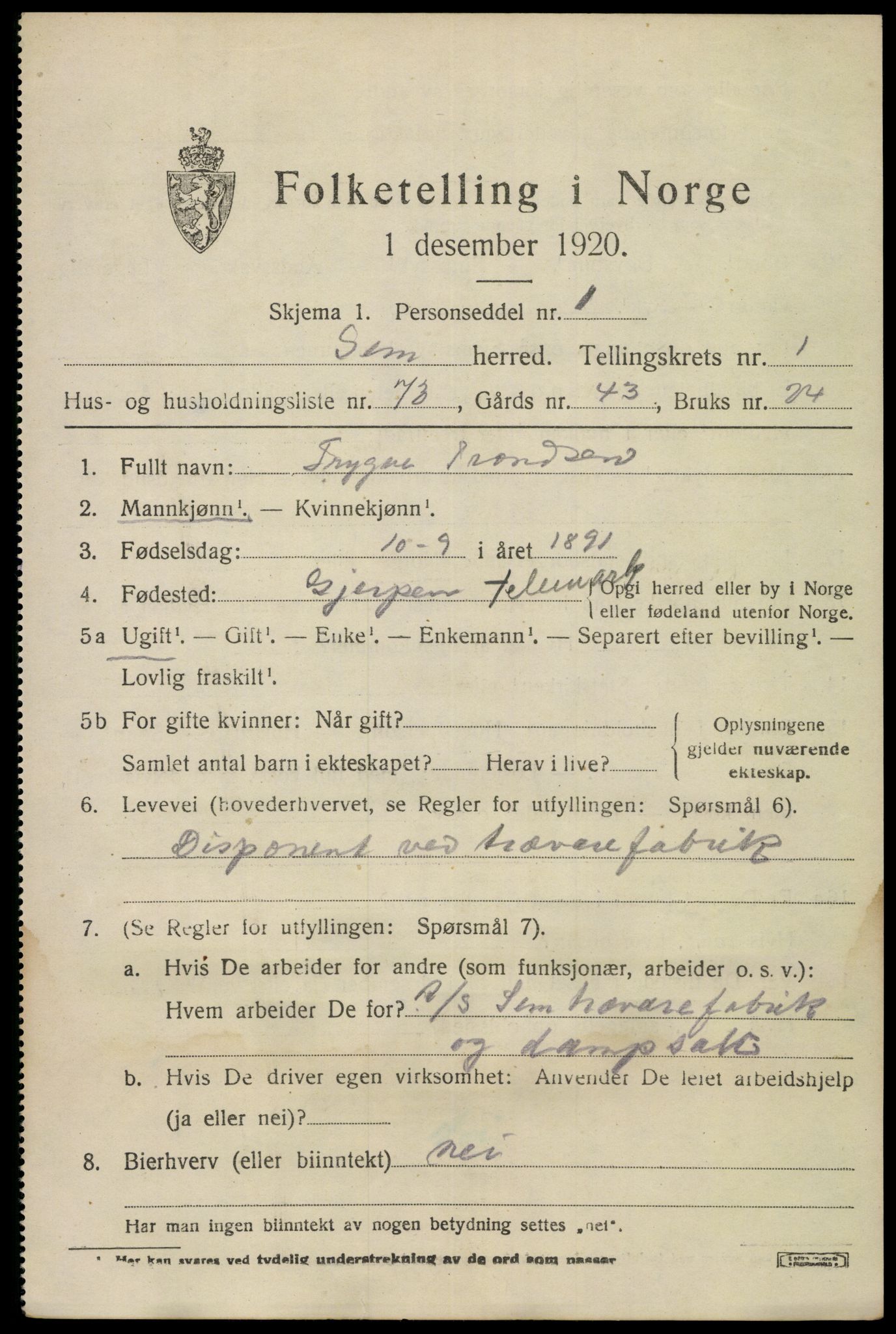SAKO, Folketelling 1920 for 0721 Sem herred, 1920, s. 3557