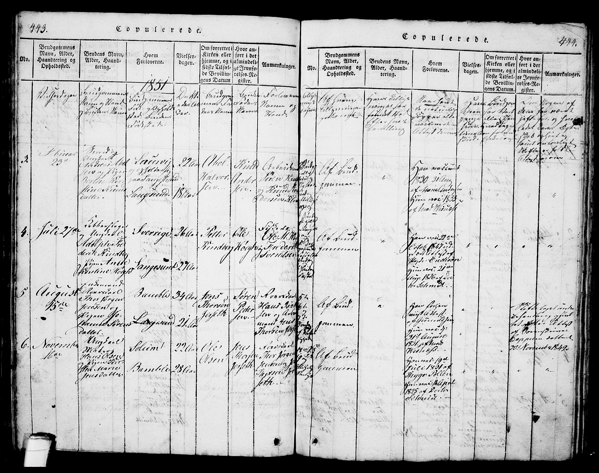 Langesund kirkebøker, AV/SAKO-A-280/G/Ga/L0003: Klokkerbok nr. 3, 1815-1858, s. 443-444