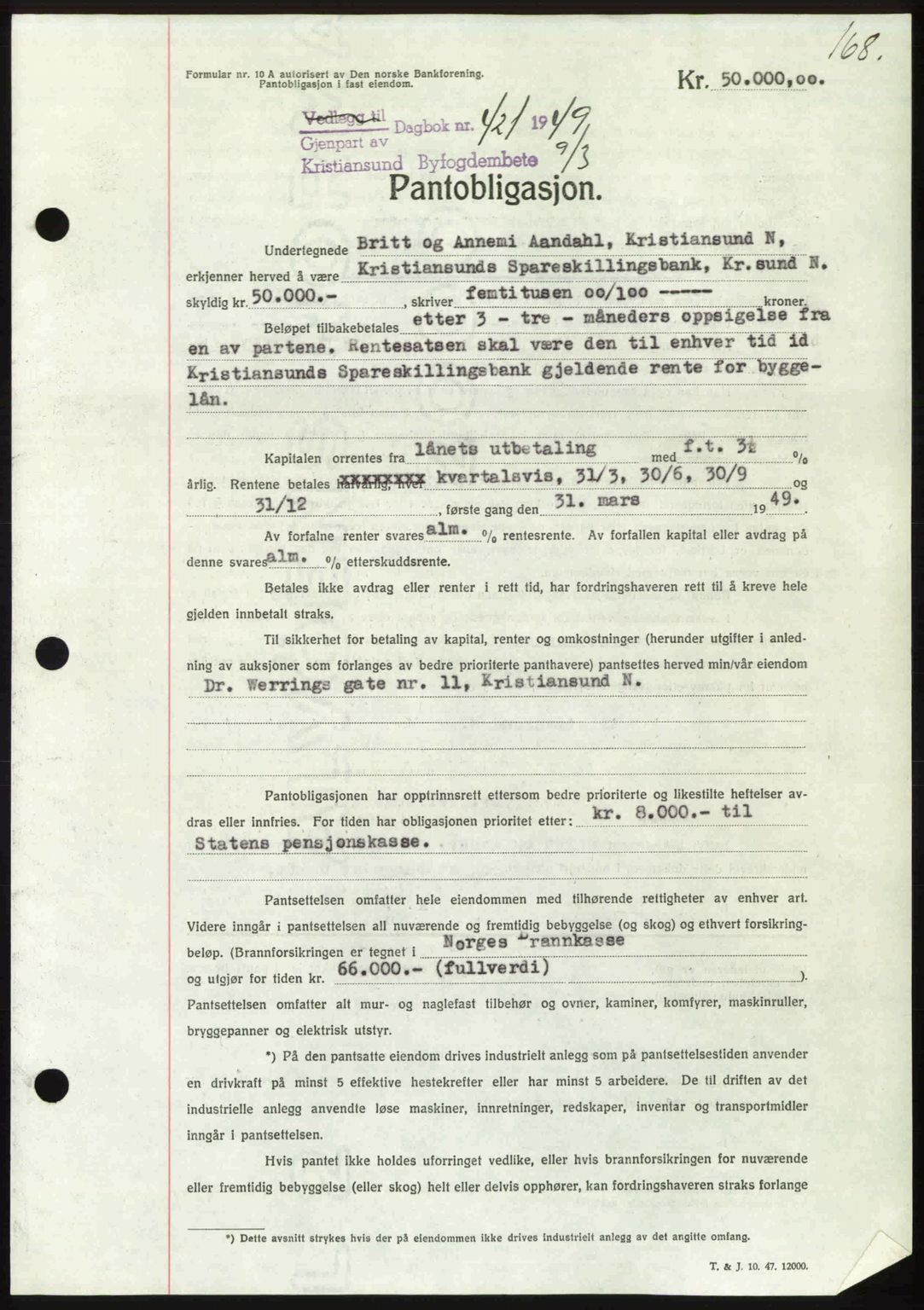 Kristiansund byfogd, AV/SAT-A-4587/A/27: Pantebok nr. 45, 1948-1949, Dagboknr: 421/1949