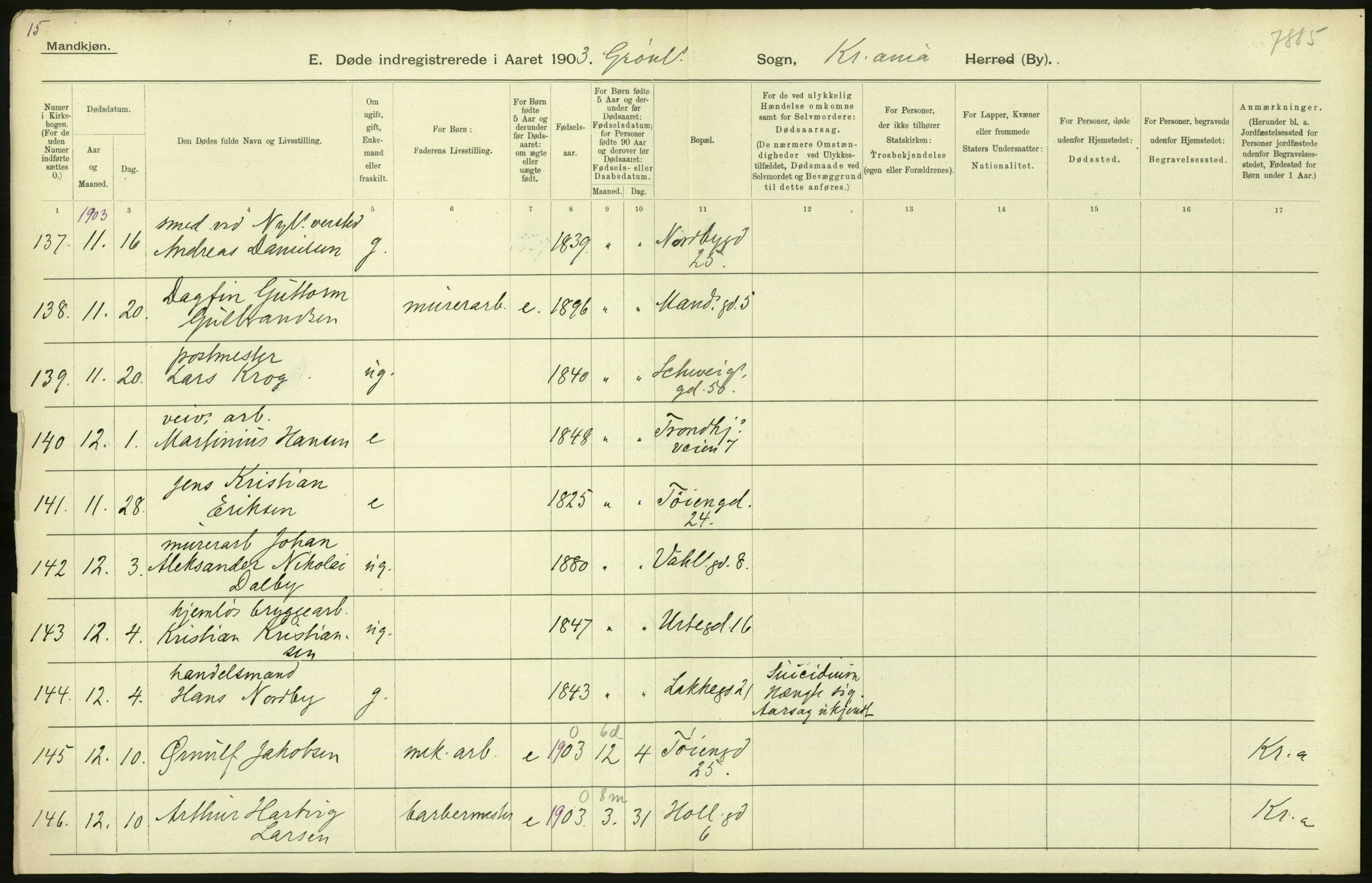 Statistisk sentralbyrå, Sosiodemografiske emner, Befolkning, AV/RA-S-2228/D/Df/Dfa/Dfaa/L0004: Kristiania: Gifte, døde, 1903, s. 406