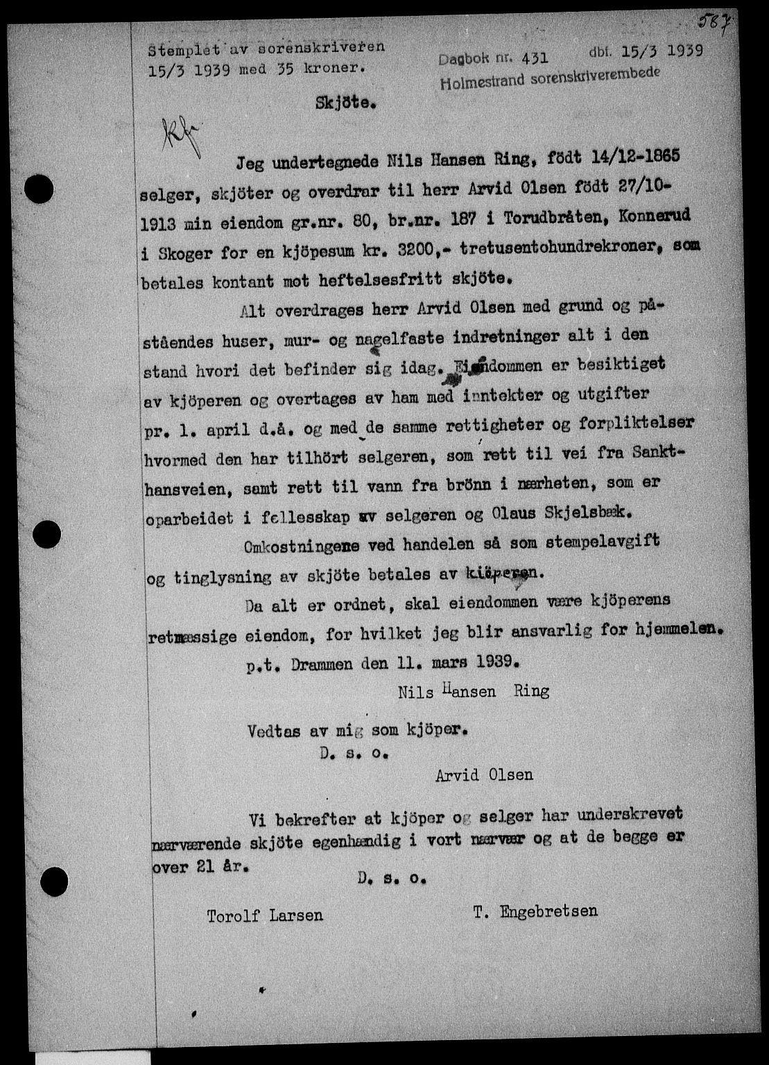 Holmestrand sorenskriveri, SAKO/A-67/G/Ga/Gaa/L0050: Pantebok nr. A-50, 1938-1939, Dagboknr: 431/1939