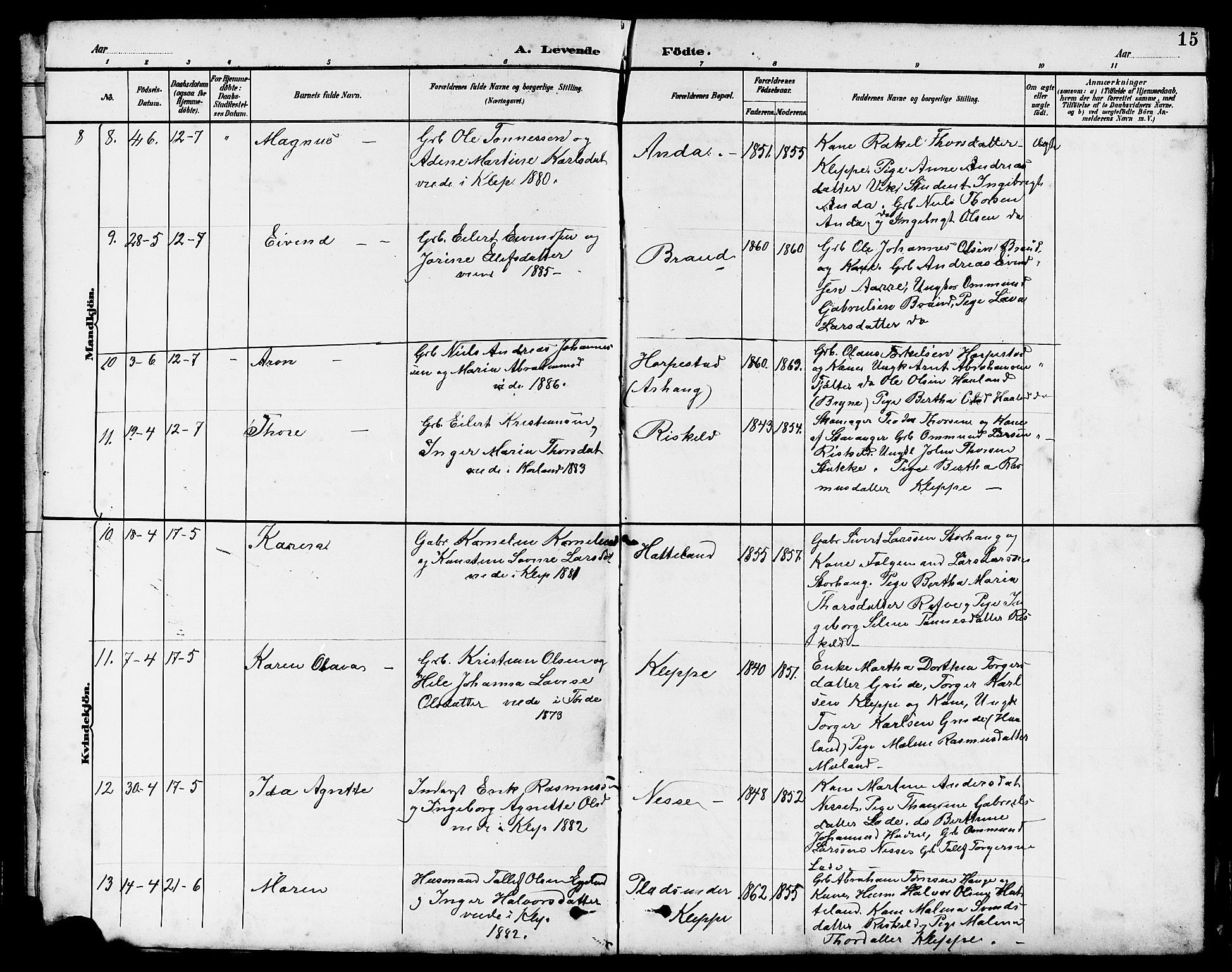 Klepp sokneprestkontor, AV/SAST-A-101803/001/3/30BB/L0004: Klokkerbok nr. B 4, 1889-1914, s. 15