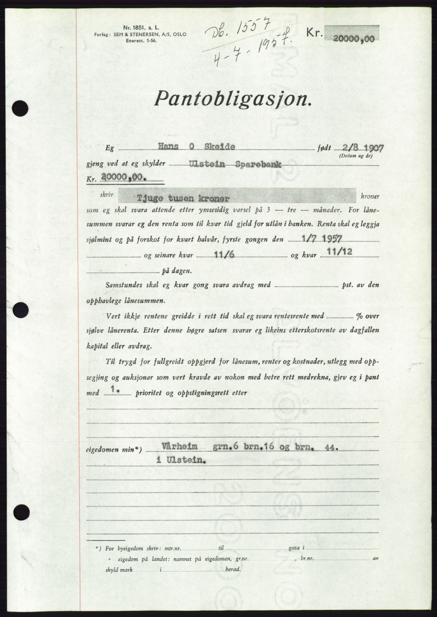 Søre Sunnmøre sorenskriveri, AV/SAT-A-4122/1/2/2C/L0130: Pantebok nr. 18B, 1957-1958, Dagboknr: 1557/1957