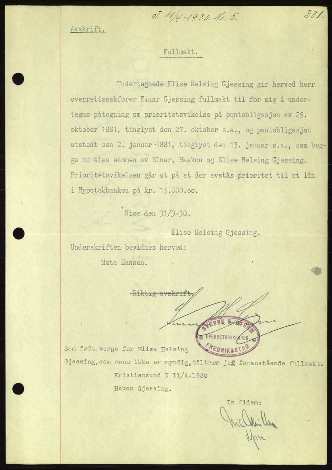 Kristiansund byfogd, AV/SAT-A-4587/A/27: Pantebok nr. 23, 1929-1930, Tingl.dato: 11.04.1930