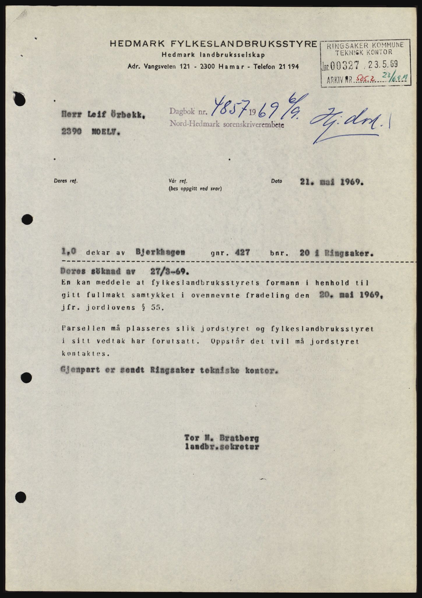 Nord-Hedmark sorenskriveri, SAH/TING-012/H/Hc/L0031: Pantebok nr. 31, 1969-1969, Dagboknr: 4857/1969
