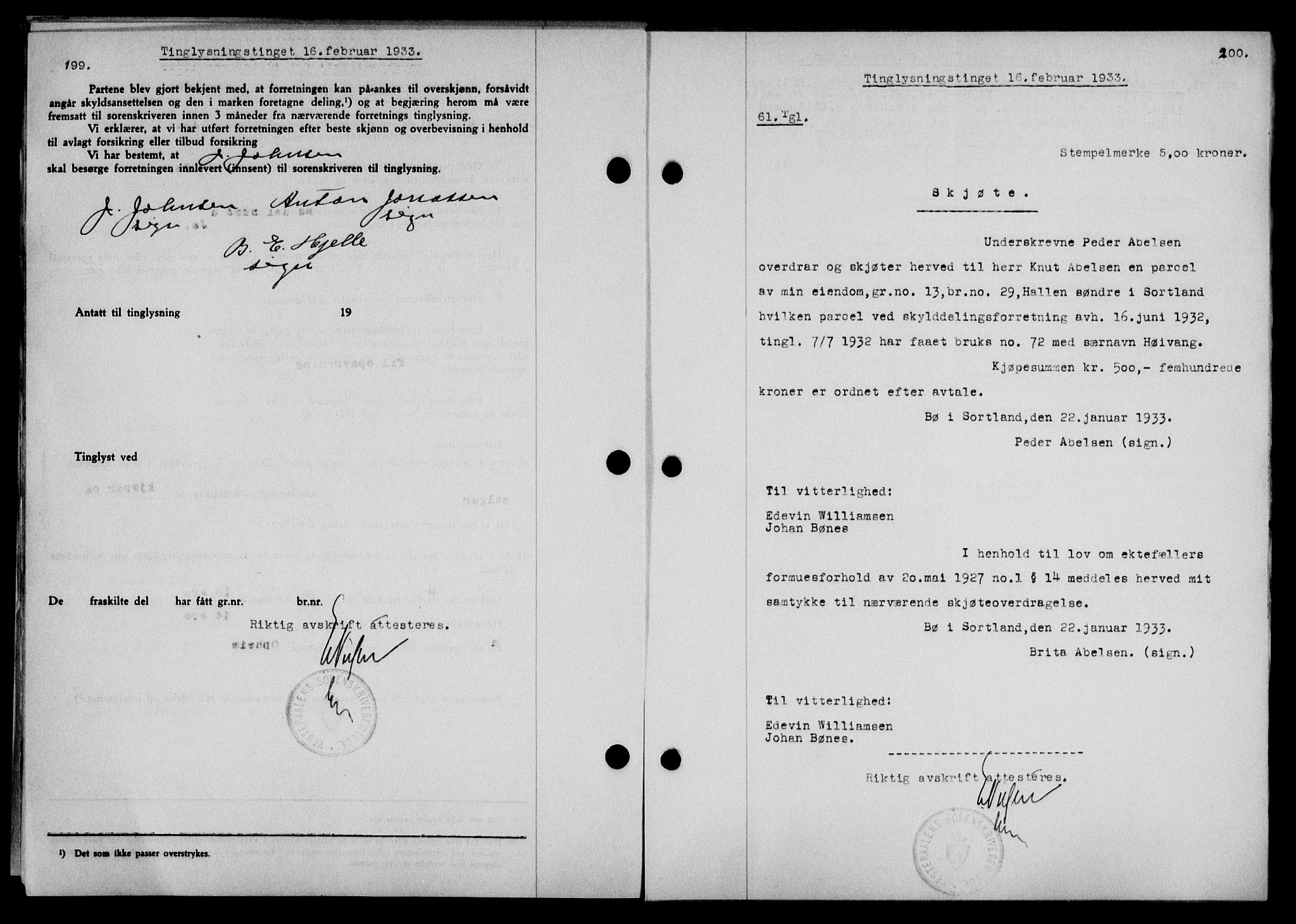 Vesterålen sorenskriveri, SAT/A-4180/1/2/2Ca/L0057: Pantebok nr. 50, 1933-1933, Tingl.dato: 16.02.1933