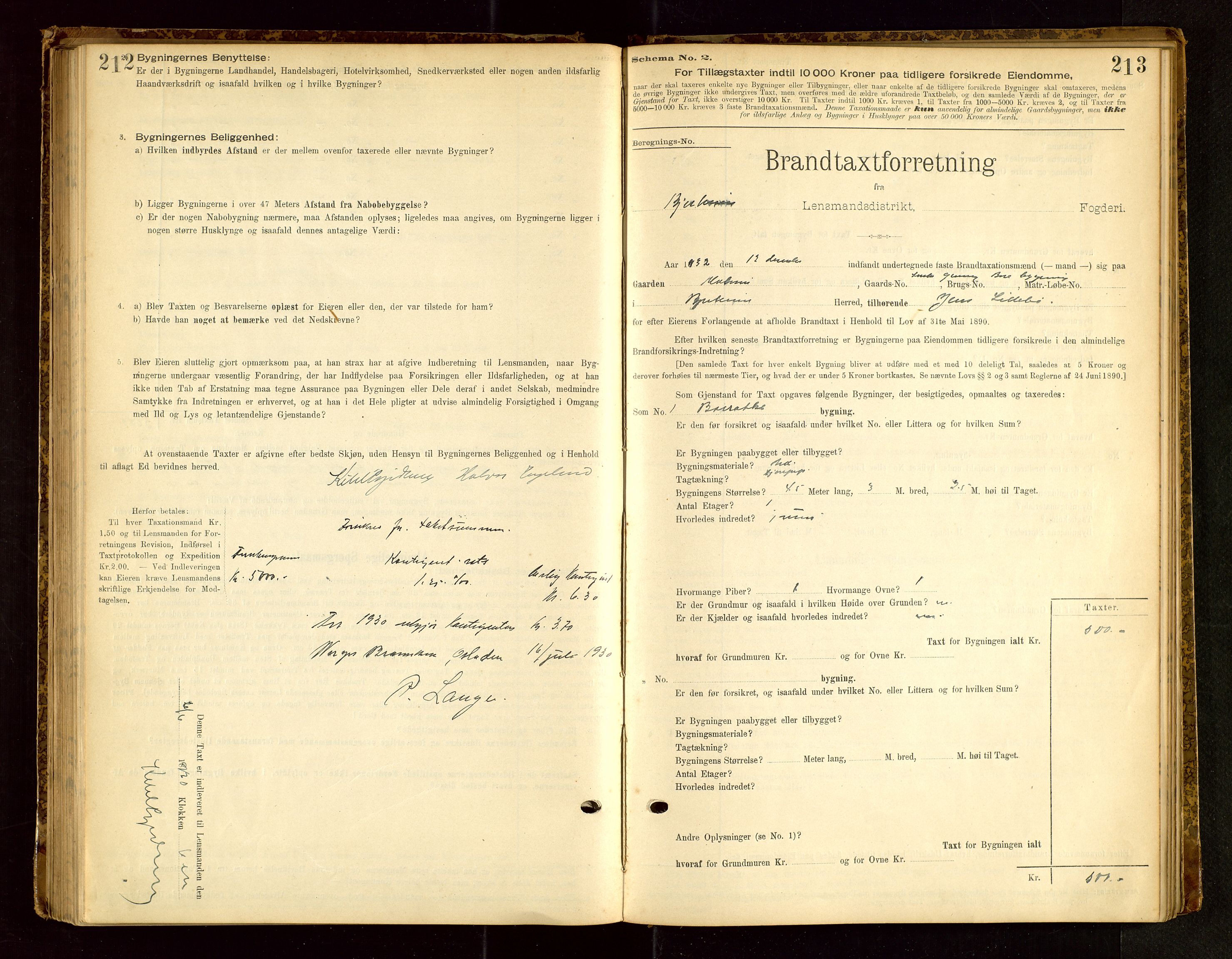 Bjerkreim lensmannskontor, SAST/A-100090/Gob/L0001: "Brandtaxationsprotokol", 1895-1950, s. 212-213