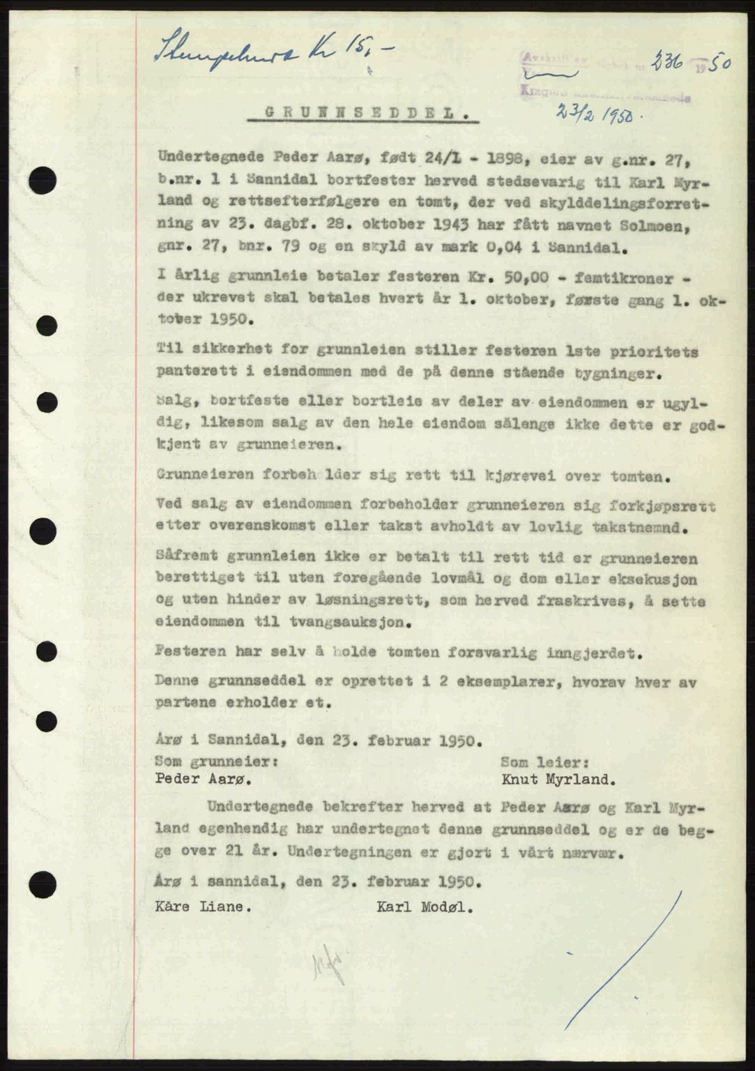Kragerø sorenskriveri, SAKO/A-65/G/Ga/Gac/L0003: Pantebok nr. A-3, 1949-1950, Dagboknr: 236/1950