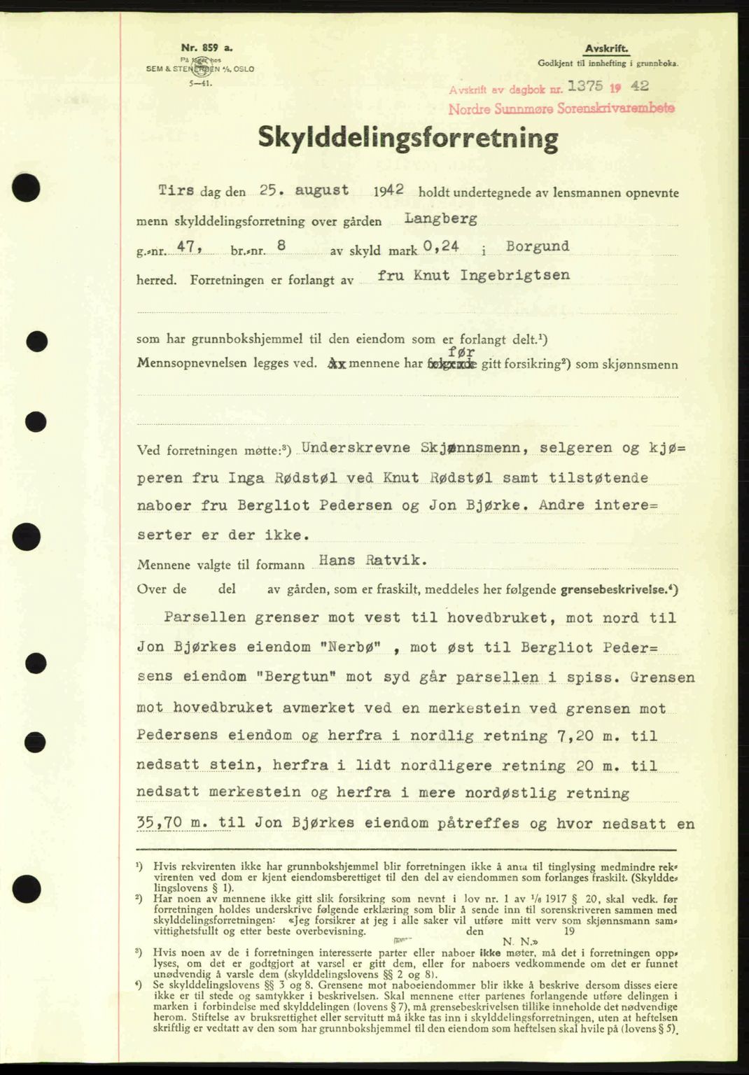 Nordre Sunnmøre sorenskriveri, SAT/A-0006/1/2/2C/2Ca: Pantebok nr. A14, 1942-1942, Dagboknr: 1375/1942