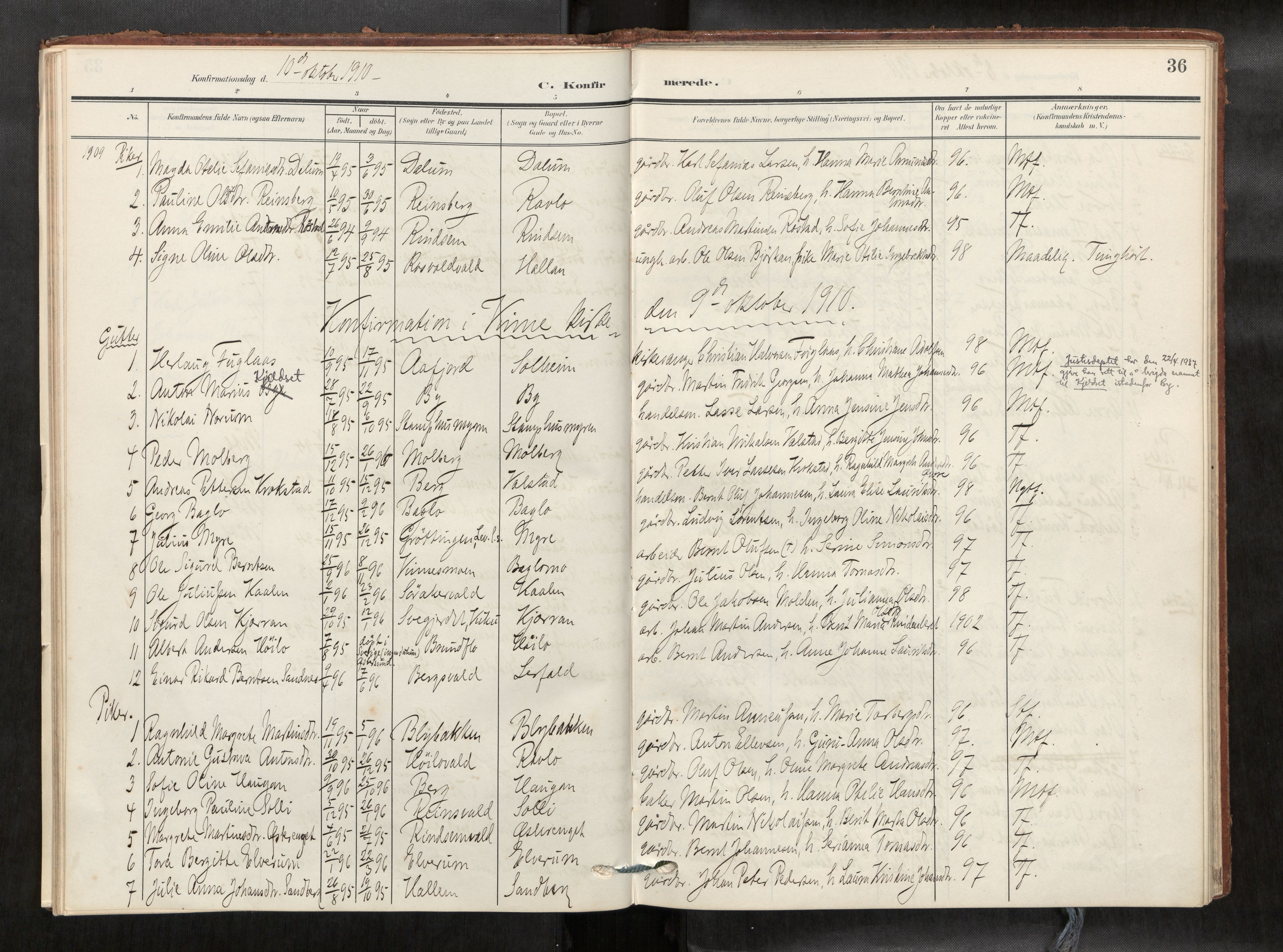 Verdal sokneprestkontor, AV/SAT-A-1156/2/H/Haa/L0003: Ministerialbok nr. 3, 1907-1921, s. 36
