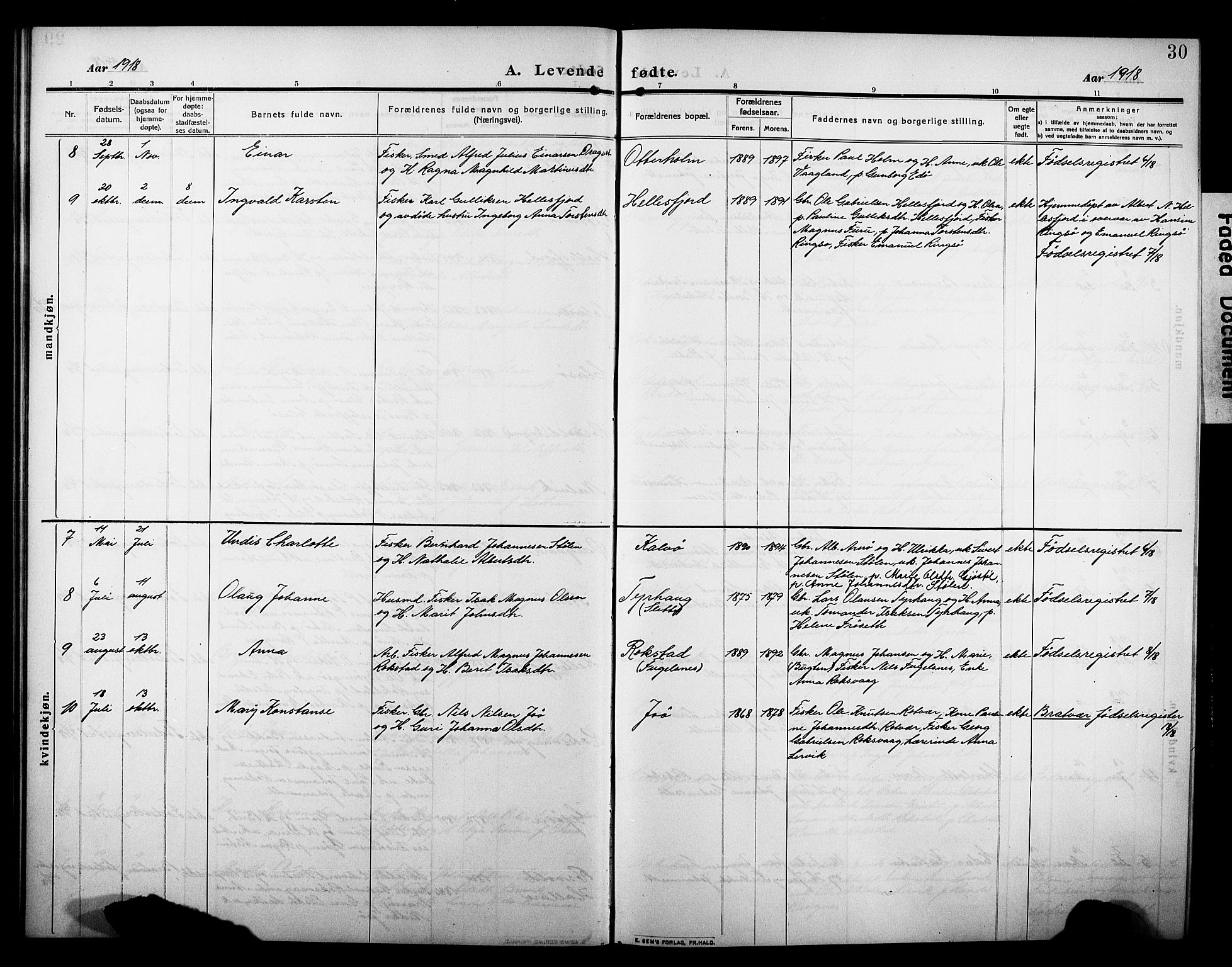 Ministerialprotokoller, klokkerbøker og fødselsregistre - Møre og Romsdal, SAT/A-1454/581/L0943: Klokkerbok nr. 581C01, 1909-1931, s. 30