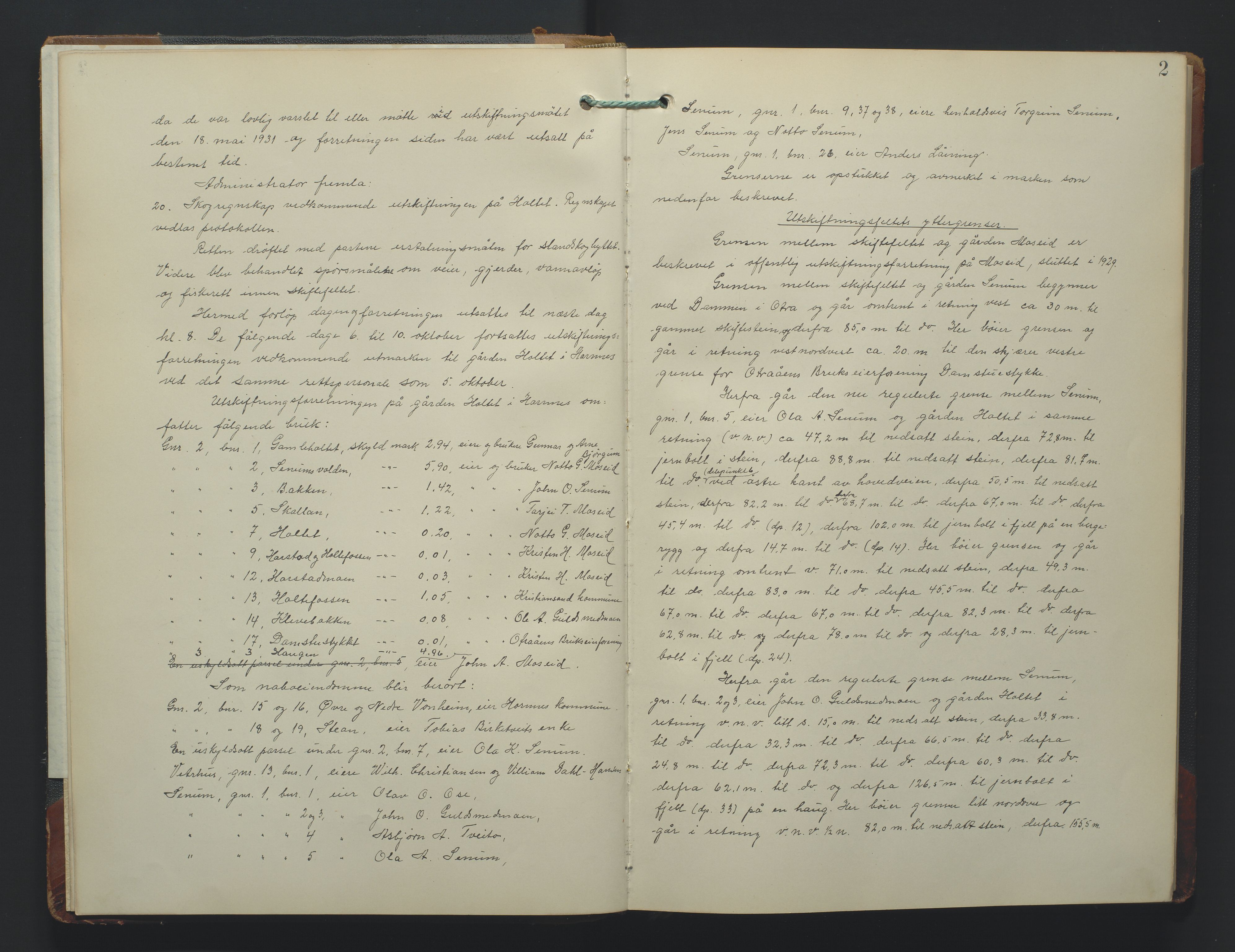 Utskiftningsformannen i Nedenes amt, AV/SAK-1541-0002/F/Fa/Fac/L0007: Jordskifteprotokoll med register, Setesdal domssokn nr 9, 1931-1937, s. 1b-2a