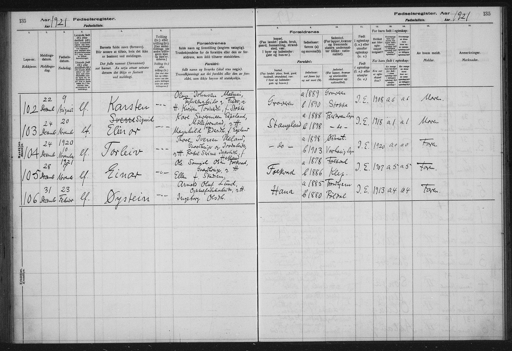 Høyland sokneprestkontor, AV/SAST-A-101799/002/O/L0001: Fødselsregister nr. 1, 1916-1924, s. 135