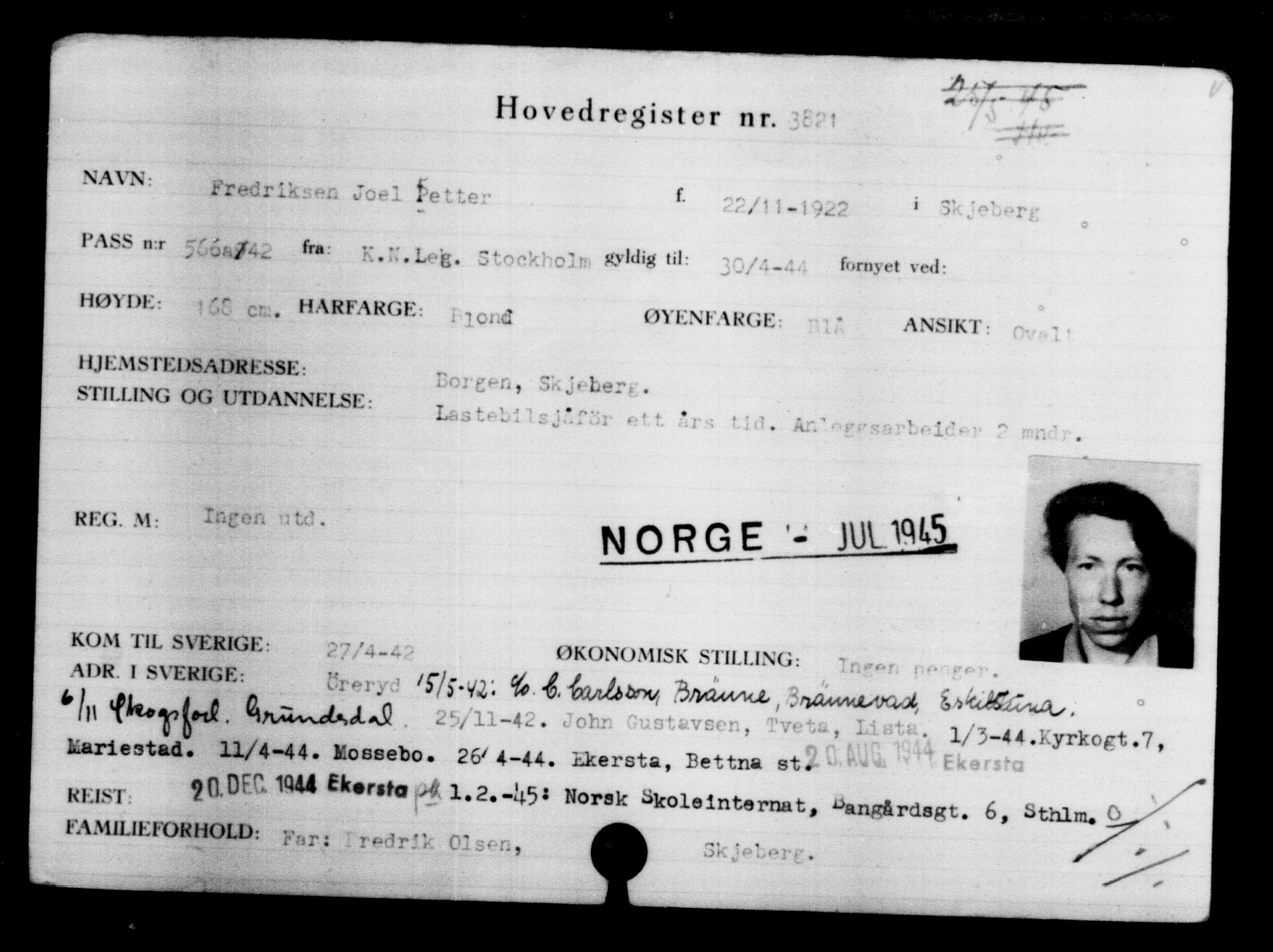 Utenriksstasjonene, Legasjonen i Stockholm, Flyktningkontoret, AV/RA-S-6753/V/Va/L0004: Kjesäterkartoteket, flyktninger med registreringsnr. 3496-6610, 1940-1945, s. 379