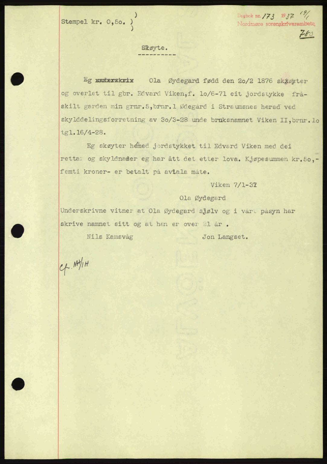 Nordmøre sorenskriveri, SAT/A-4132/1/2/2Ca: Pantebok nr. A80, 1936-1937, Dagboknr: 173/1937
