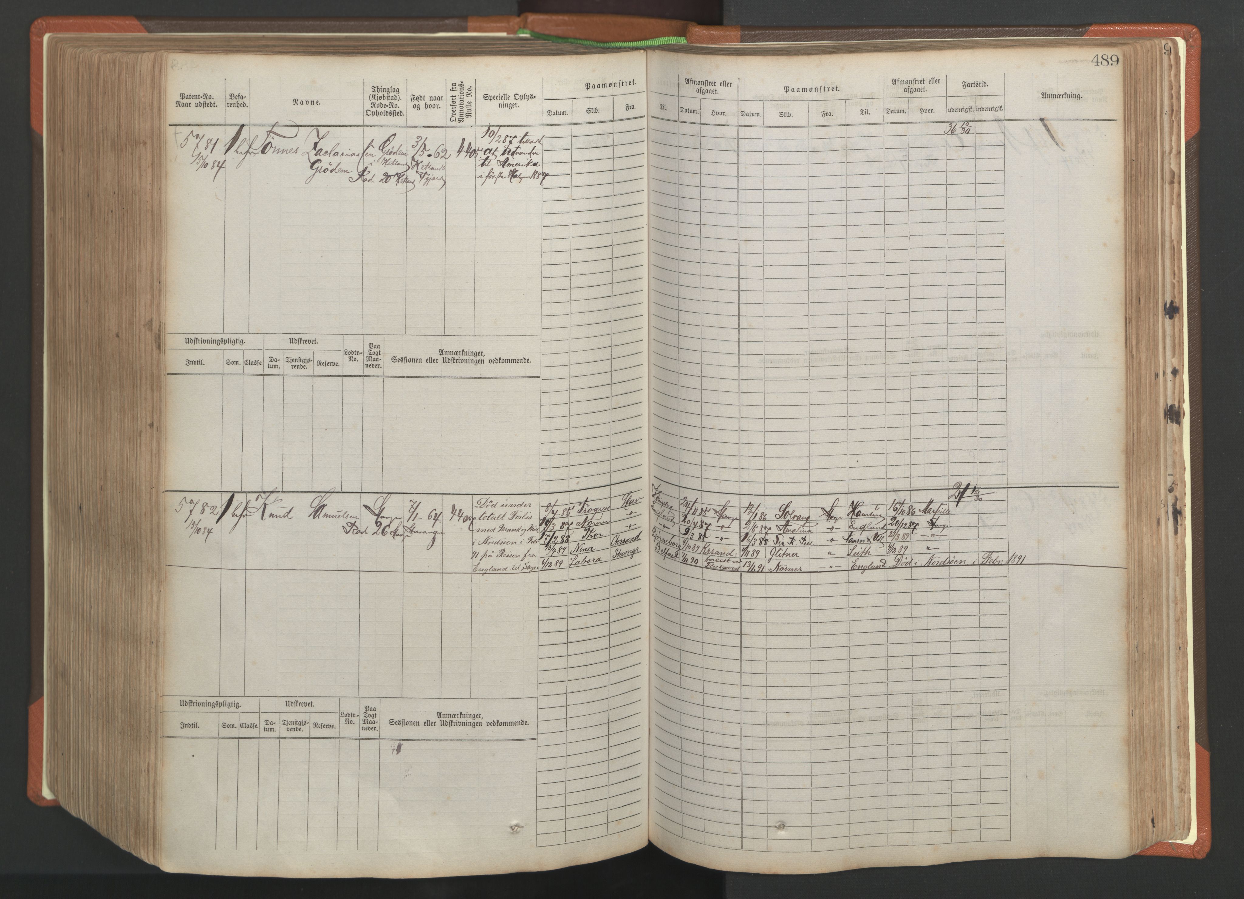 Stavanger sjømannskontor, AV/SAST-A-102006/F/Fb/Fbb/L0009: Sjøfartshovedrulle, patentnr. 4805-6006, 1879-1887, s. 495