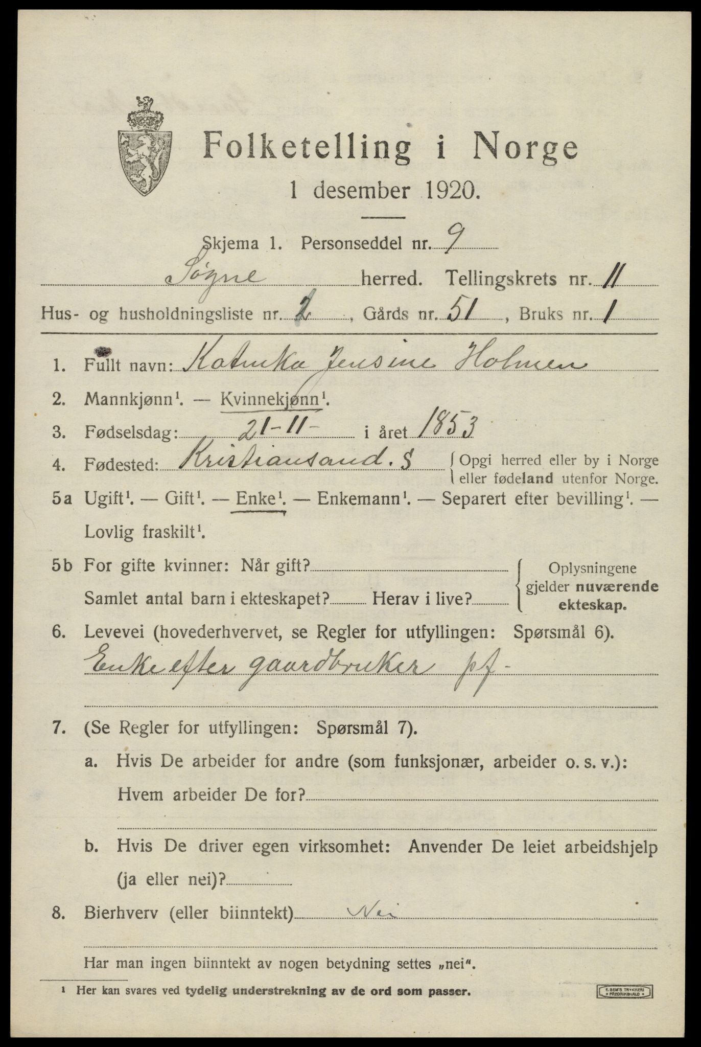 SAK, Folketelling 1920 for 1018 Søgne herred, 1920, s. 5615