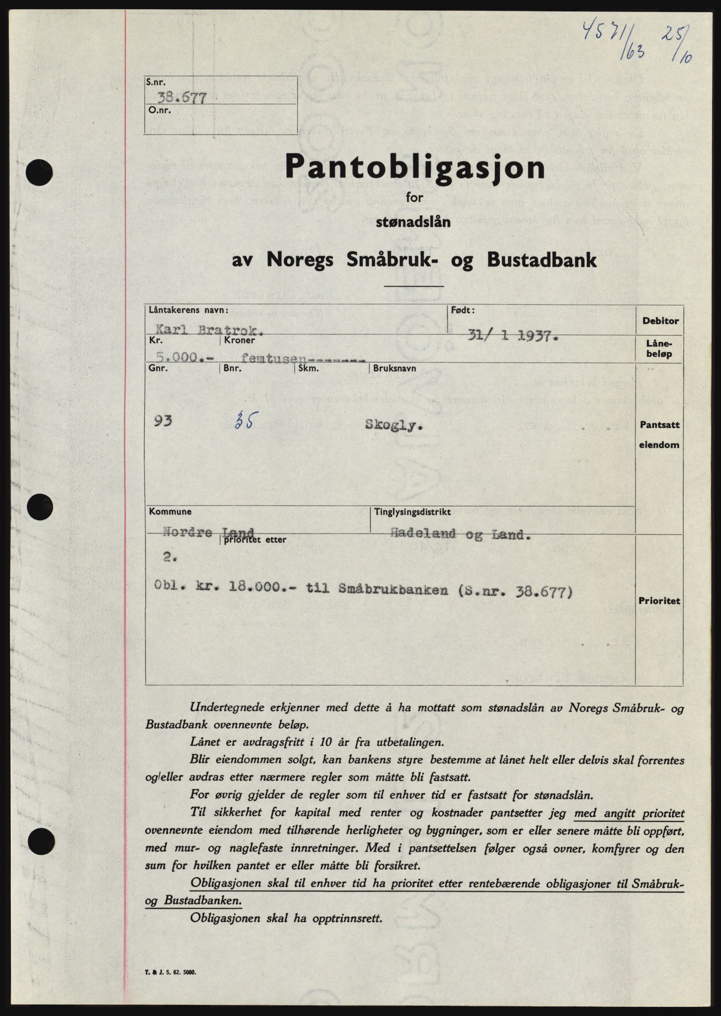 Hadeland og Land tingrett, SAH/TING-010/H/Hb/Hbc/L0053: Pantebok nr. B53, 1963-1964, Dagboknr: 4571/1963