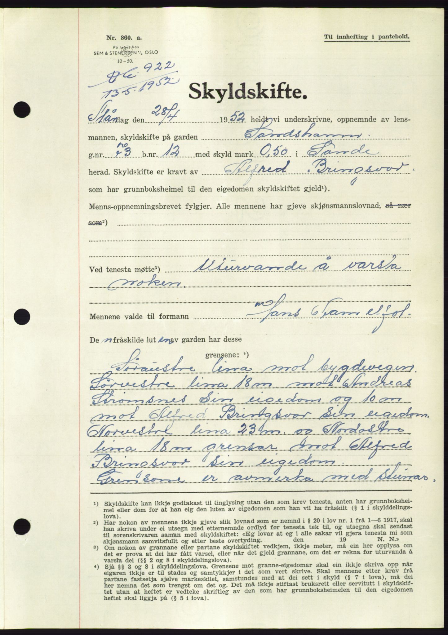 Søre Sunnmøre sorenskriveri, AV/SAT-A-4122/1/2/2C/L0092: Pantebok nr. 18A, 1952-1952, Dagboknr: 922/1952