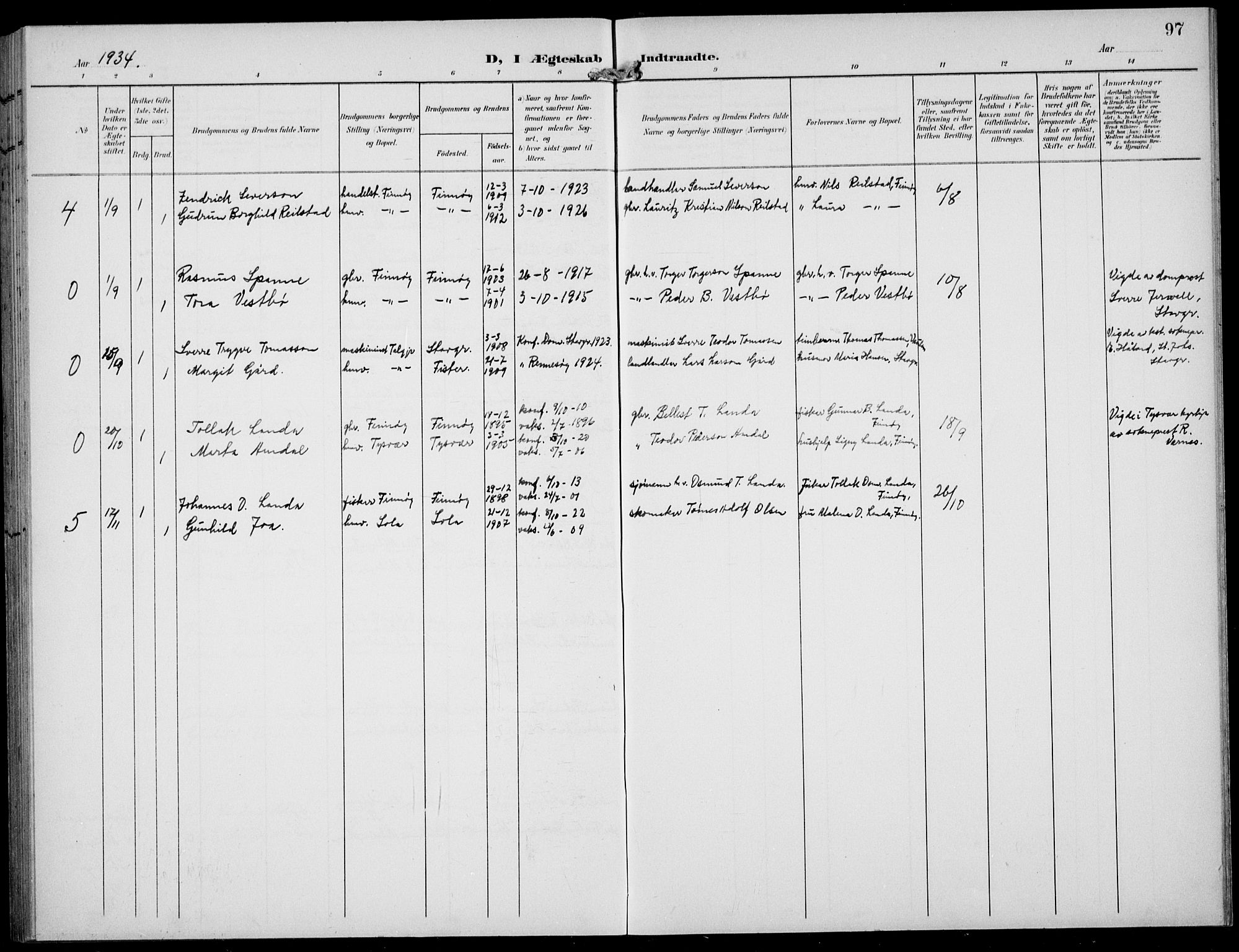 Finnøy sokneprestkontor, SAST/A-101825/H/Ha/Hab/L0006: Klokkerbok nr. B 6, 1900-1934, s. 97