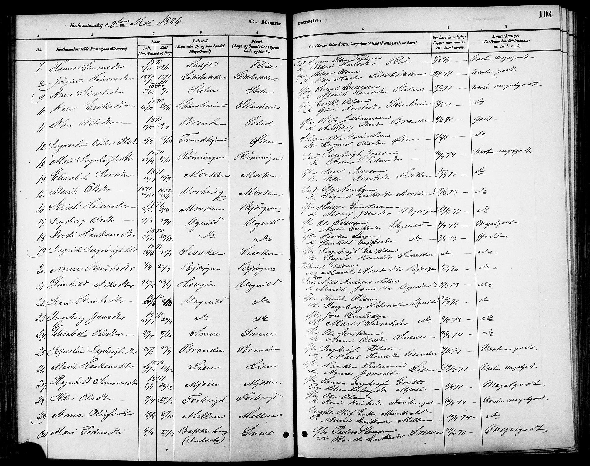 Ministerialprotokoller, klokkerbøker og fødselsregistre - Sør-Trøndelag, SAT/A-1456/678/L0901: Ministerialbok nr. 678A10, 1881-1894, s. 194