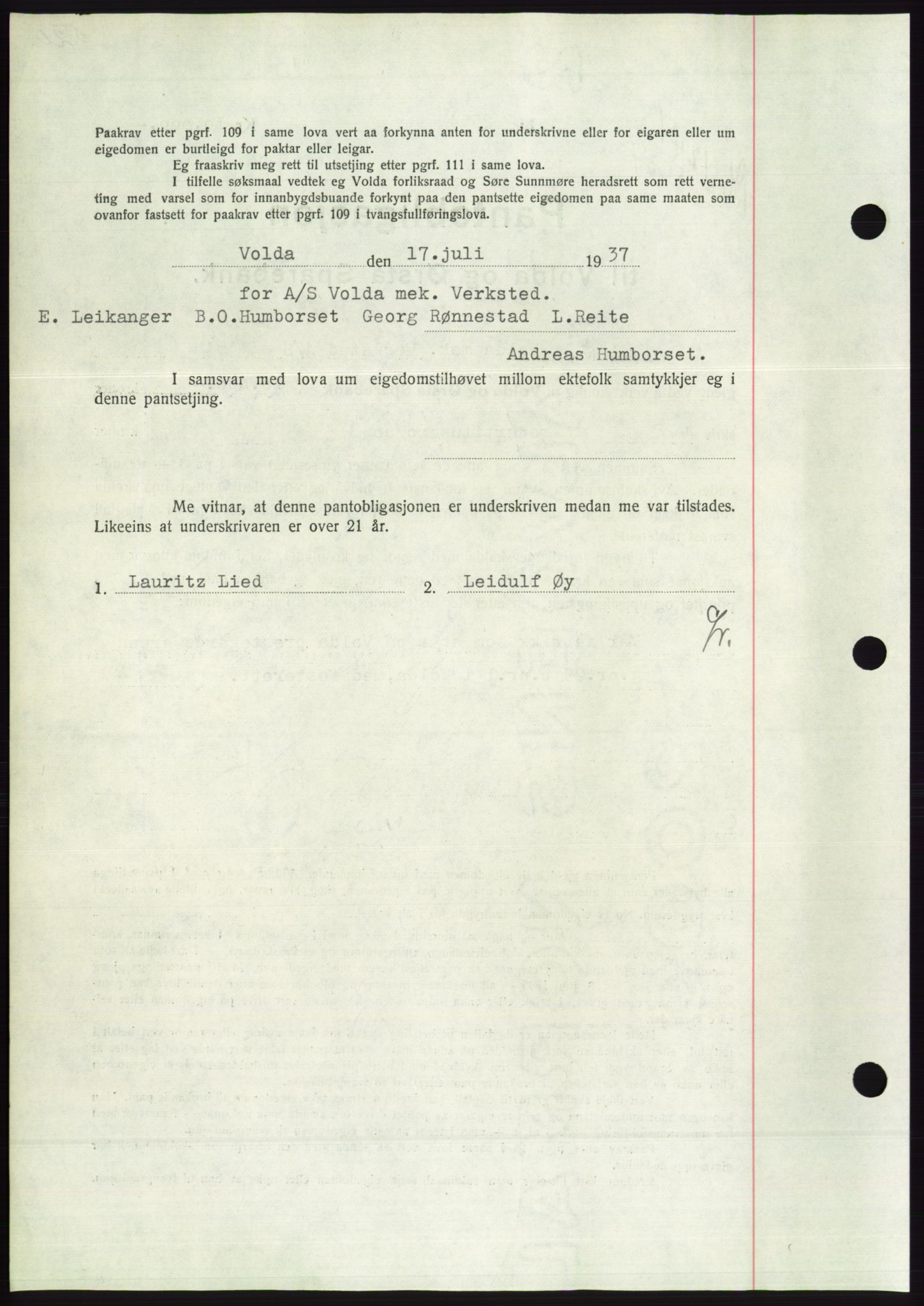 Søre Sunnmøre sorenskriveri, AV/SAT-A-4122/1/2/2C/L0063: Pantebok nr. 57, 1937-1937, Dagboknr: 1244/1937