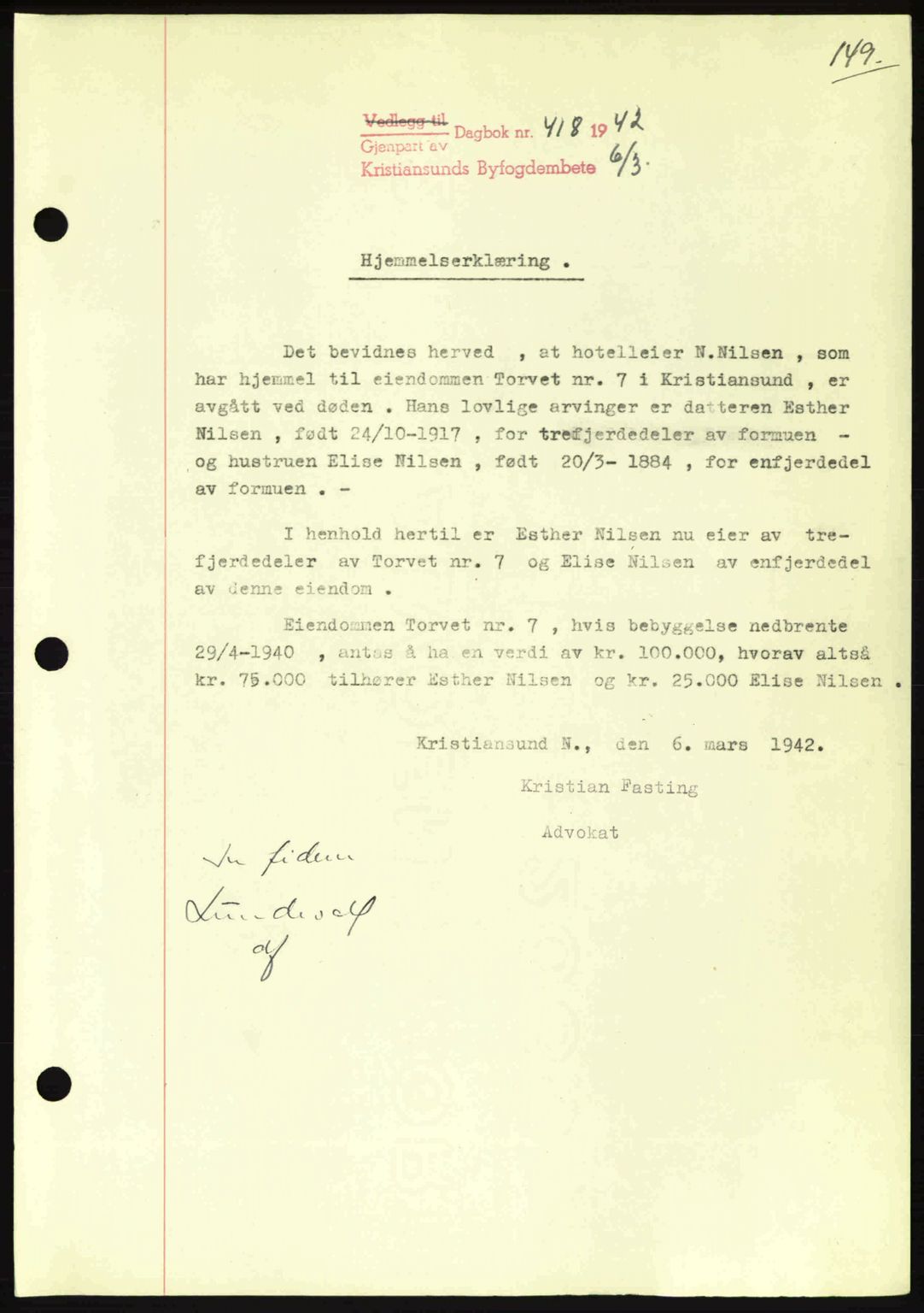 Kristiansund byfogd, AV/SAT-A-4587/A/27: Pantebok nr. 34, 1941-1945, Dagboknr: 418/1942