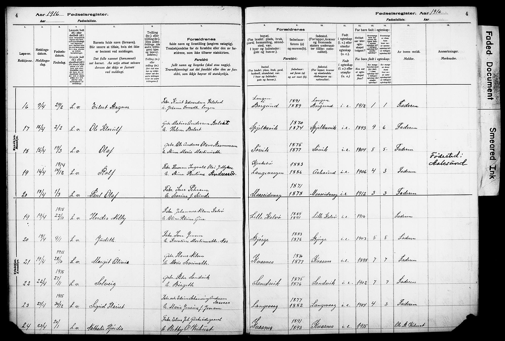 Ministerialprotokoller, klokkerbøker og fødselsregistre - Møre og Romsdal, AV/SAT-A-1454/528/L0442: Fødselsregister nr. 528.II.4.1, 1916-1924, s. 4