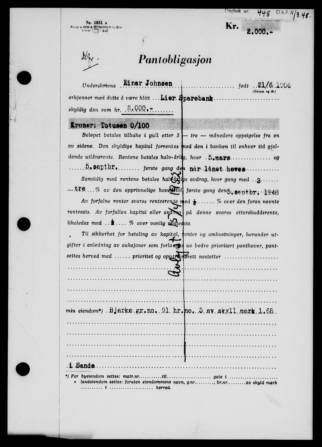 Holmestrand sorenskriveri, SAKO/A-67/G/Ga/Gab/L0058: Pantebok nr. B-58, 1947-1948, Dagboknr: 448/1948