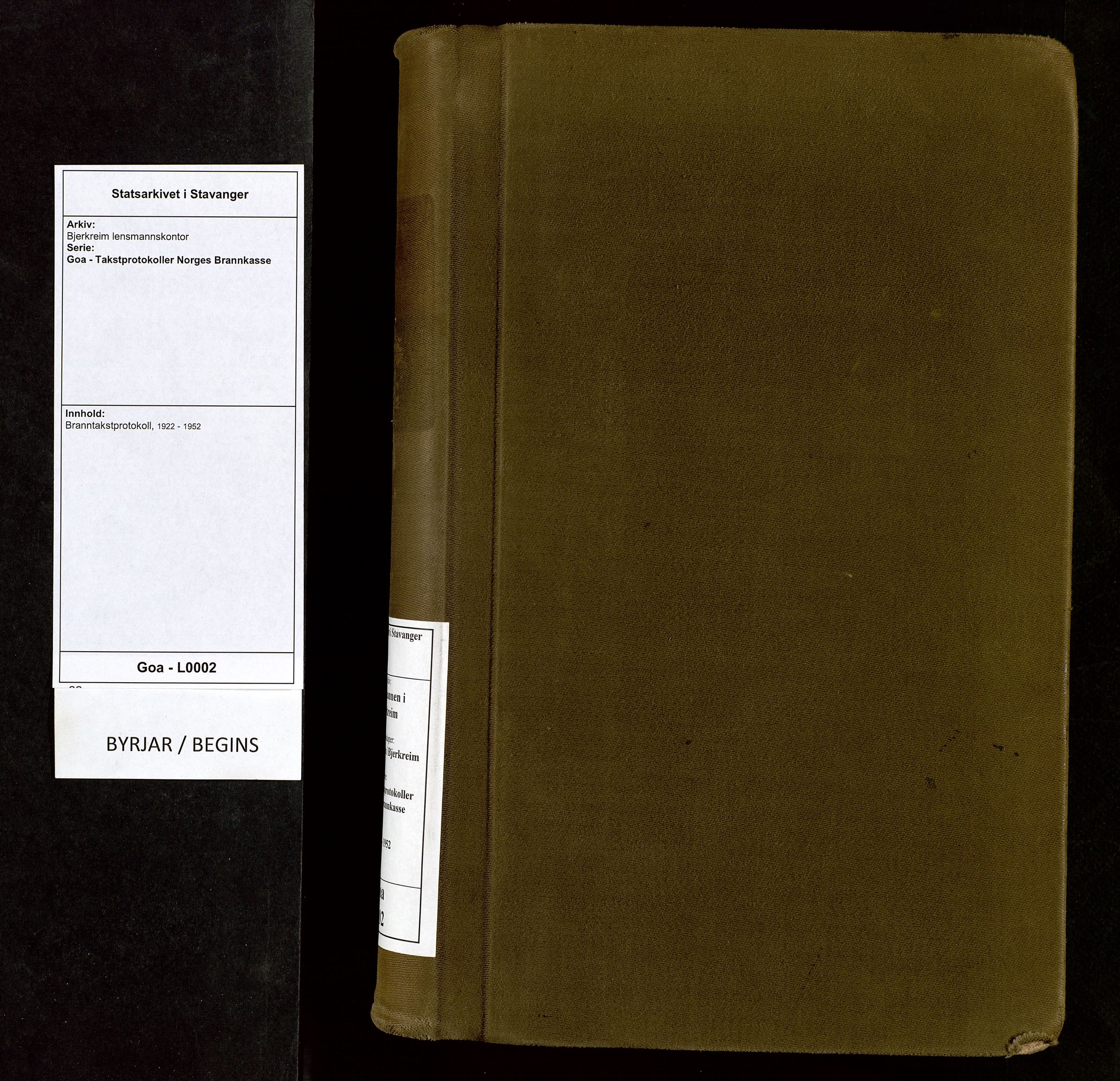 Bjerkreim lensmannskontor, SAST/A-100090/Goa/L0002: Branntakstprotokoll, 1922-1952