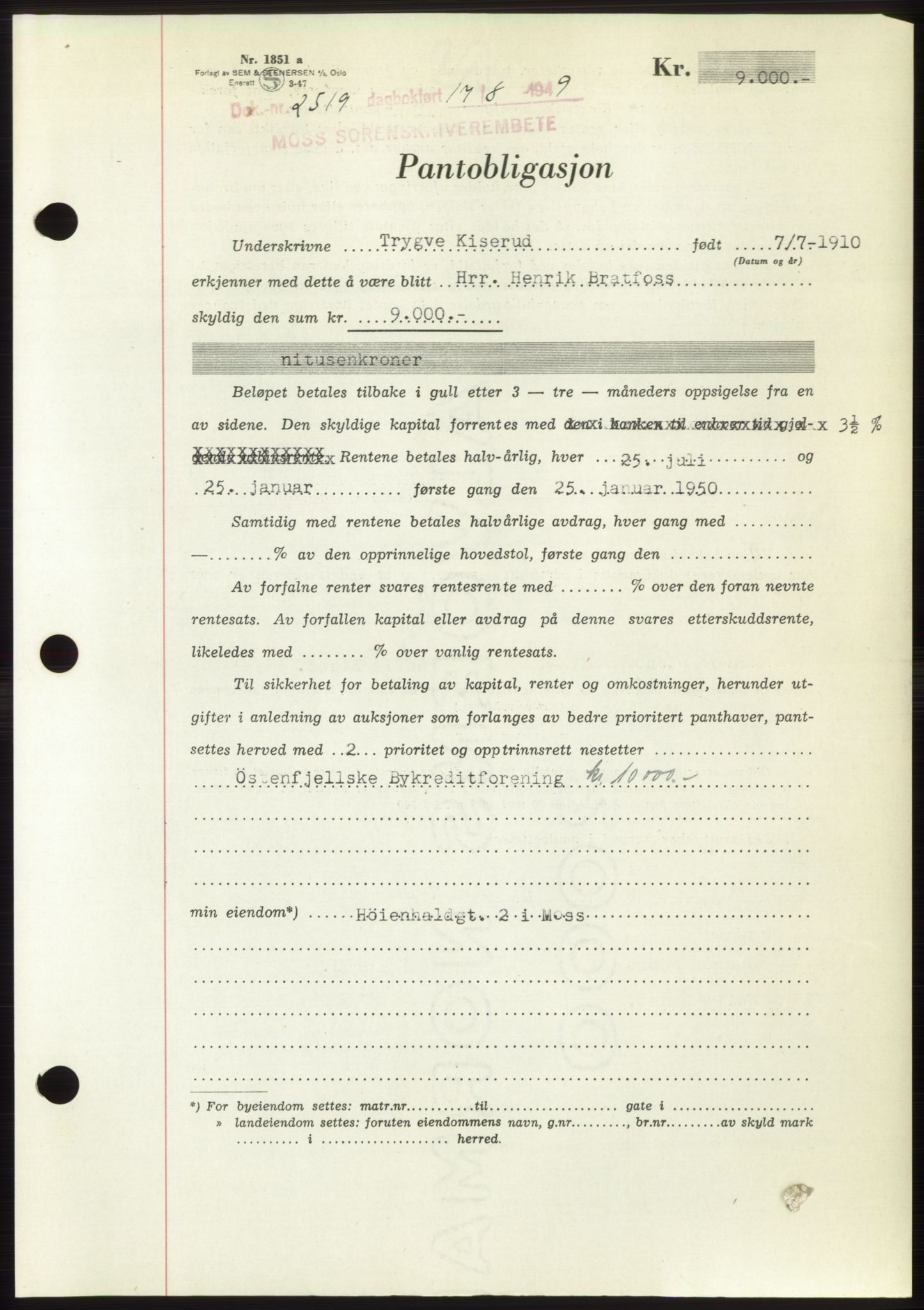 Moss sorenskriveri, SAO/A-10168: Pantebok nr. B22, 1949-1949, Dagboknr: 2519/1949