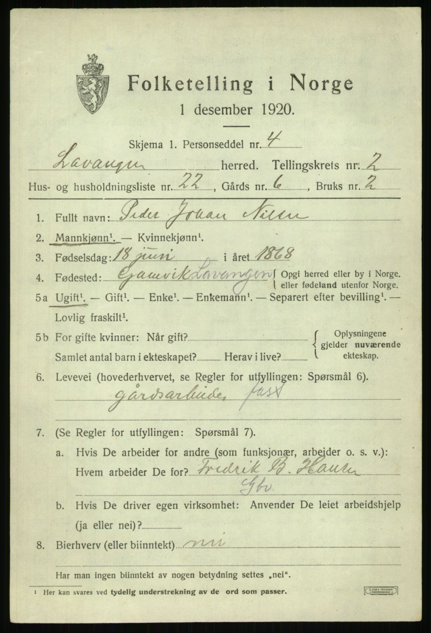 SATØ, Folketelling 1920 for 1920 Lavangen herred, 1920, s. 1197