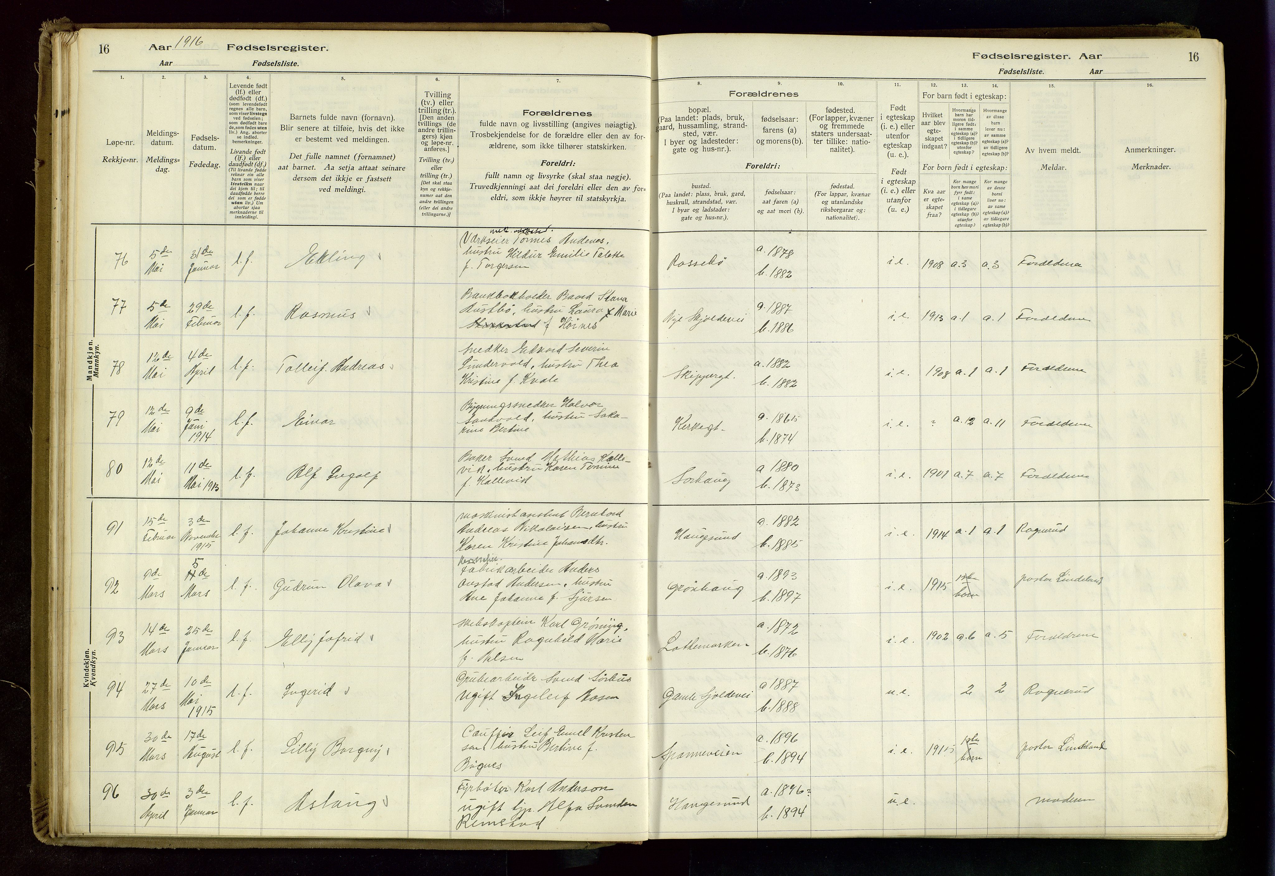 Haugesund sokneprestkontor, AV/SAST-A -101863/I/Id/L0003: Fødselsregister nr. 1, 1916-1919, s. 16