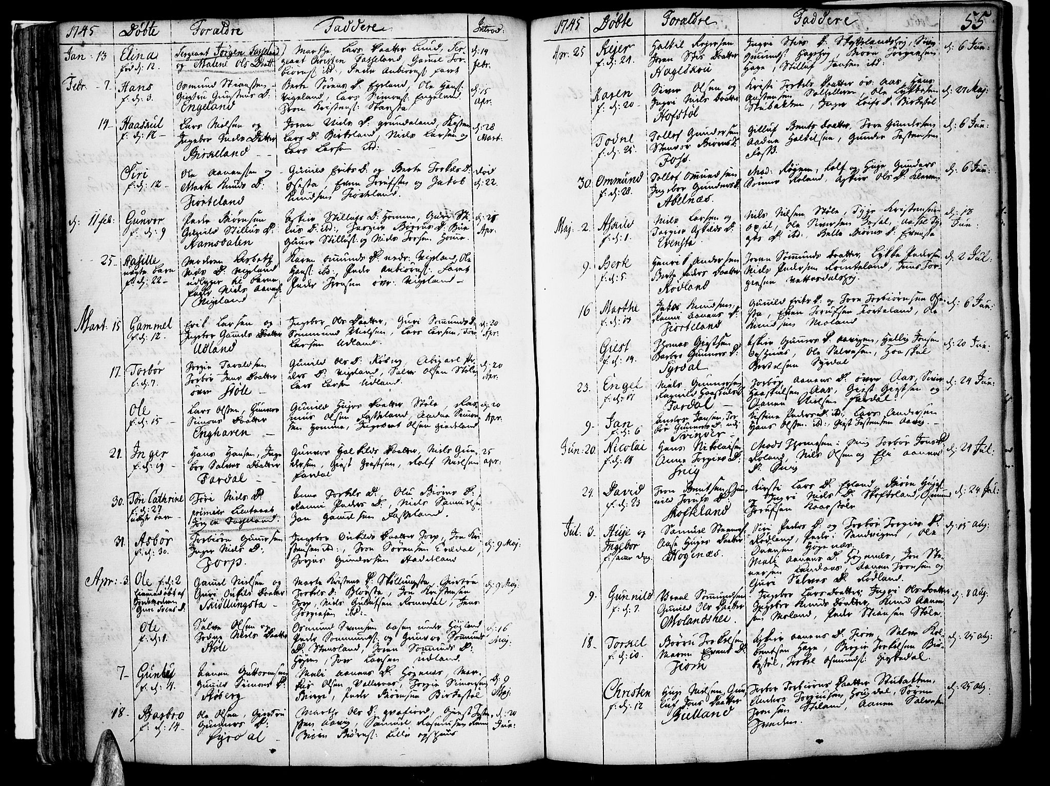 Sør-Audnedal sokneprestkontor, AV/SAK-1111-0039/F/Fa/Fab/L0001: Ministerialbok nr. A 1 /1, 1726-1766, s. 55