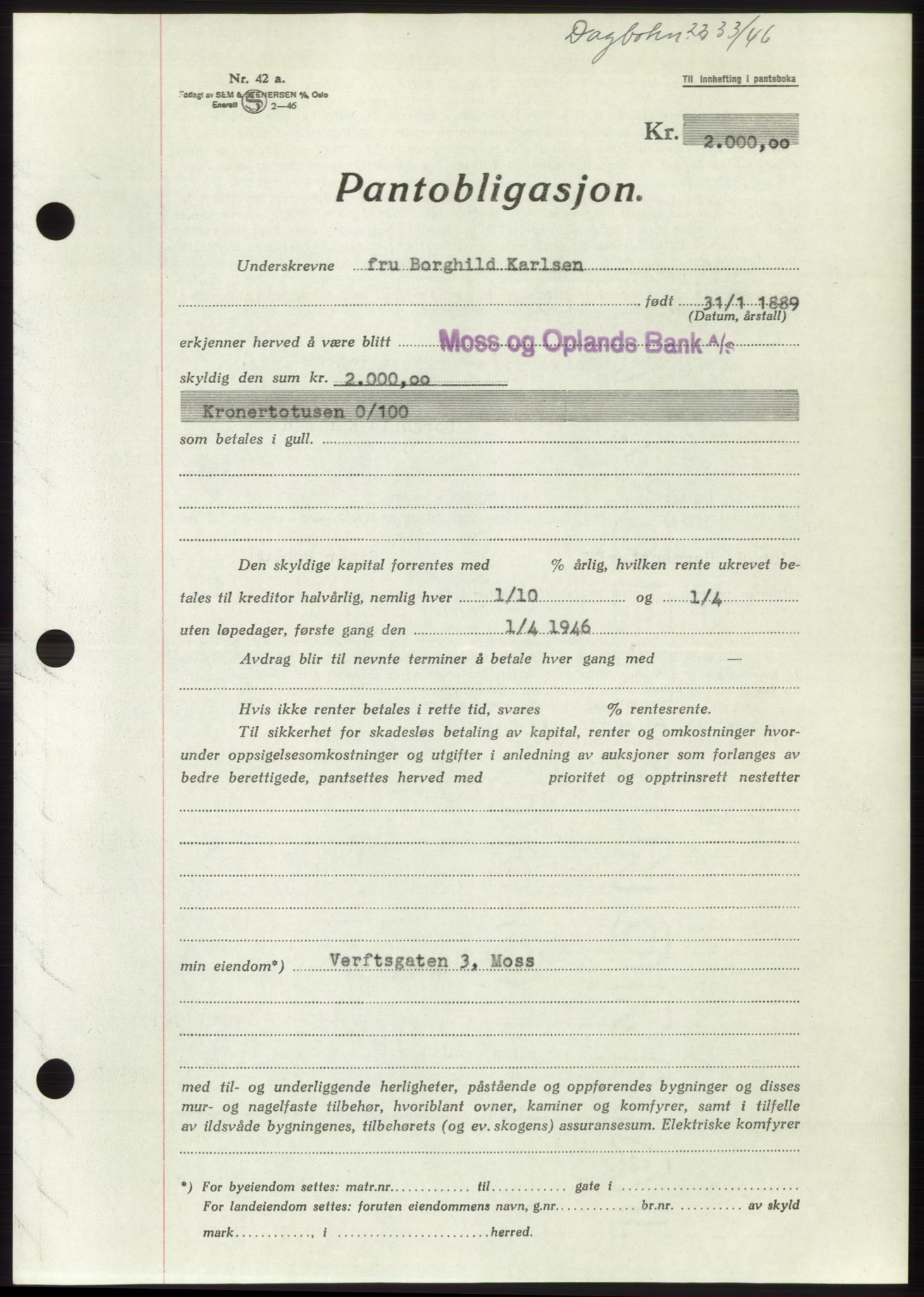 Moss sorenskriveri, SAO/A-10168: Pantebok nr. B16, 1946-1947, Dagboknr: 2333/1946