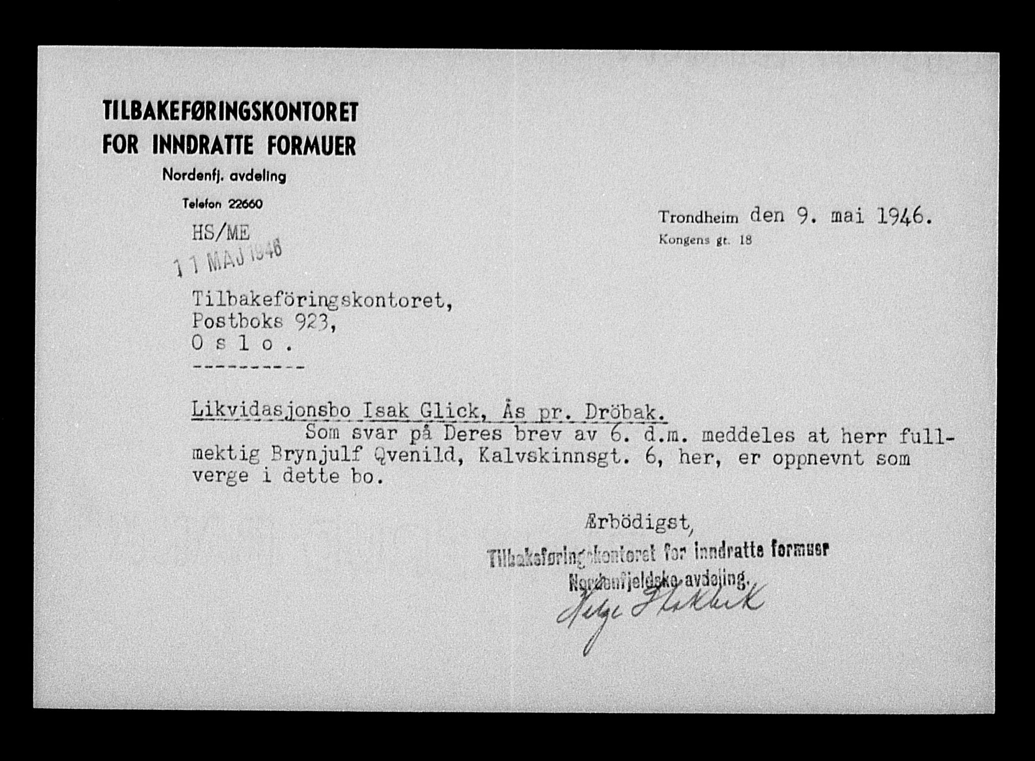 Justisdepartementet, Tilbakeføringskontoret for inndratte formuer, AV/RA-S-1564/H/Hc/Hcc/L0938: --, 1945-1947, s. 6