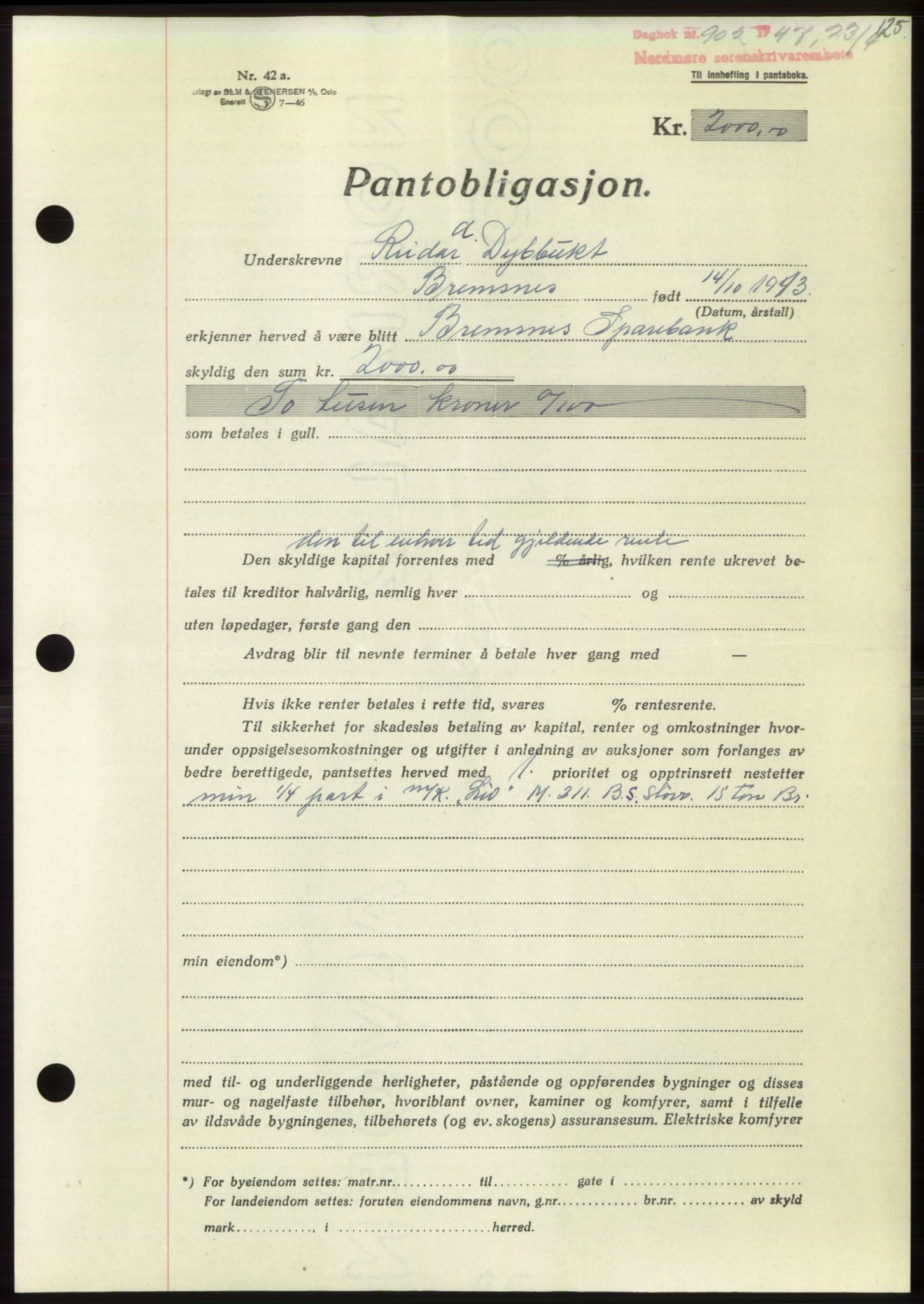 Nordmøre sorenskriveri, AV/SAT-A-4132/1/2/2Ca: Pantebok nr. B96, 1947-1947, Dagboknr: 902/1947