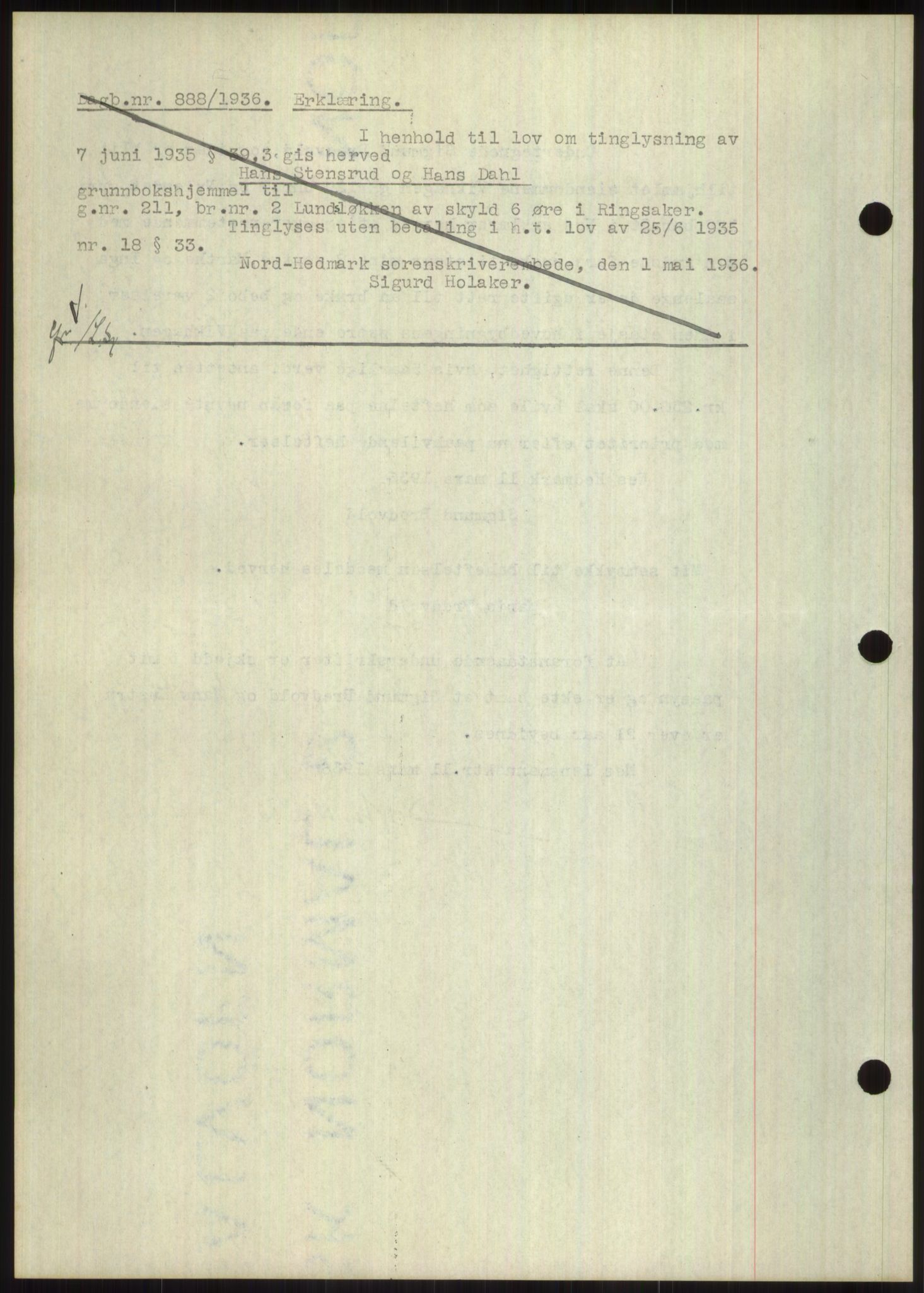 Nord-Hedmark sorenskriveri, SAH/TING-012/H/Hb/Hbf/L0001: Pantebok nr. B1, 1936-1936, Dagboknr: 888/1936