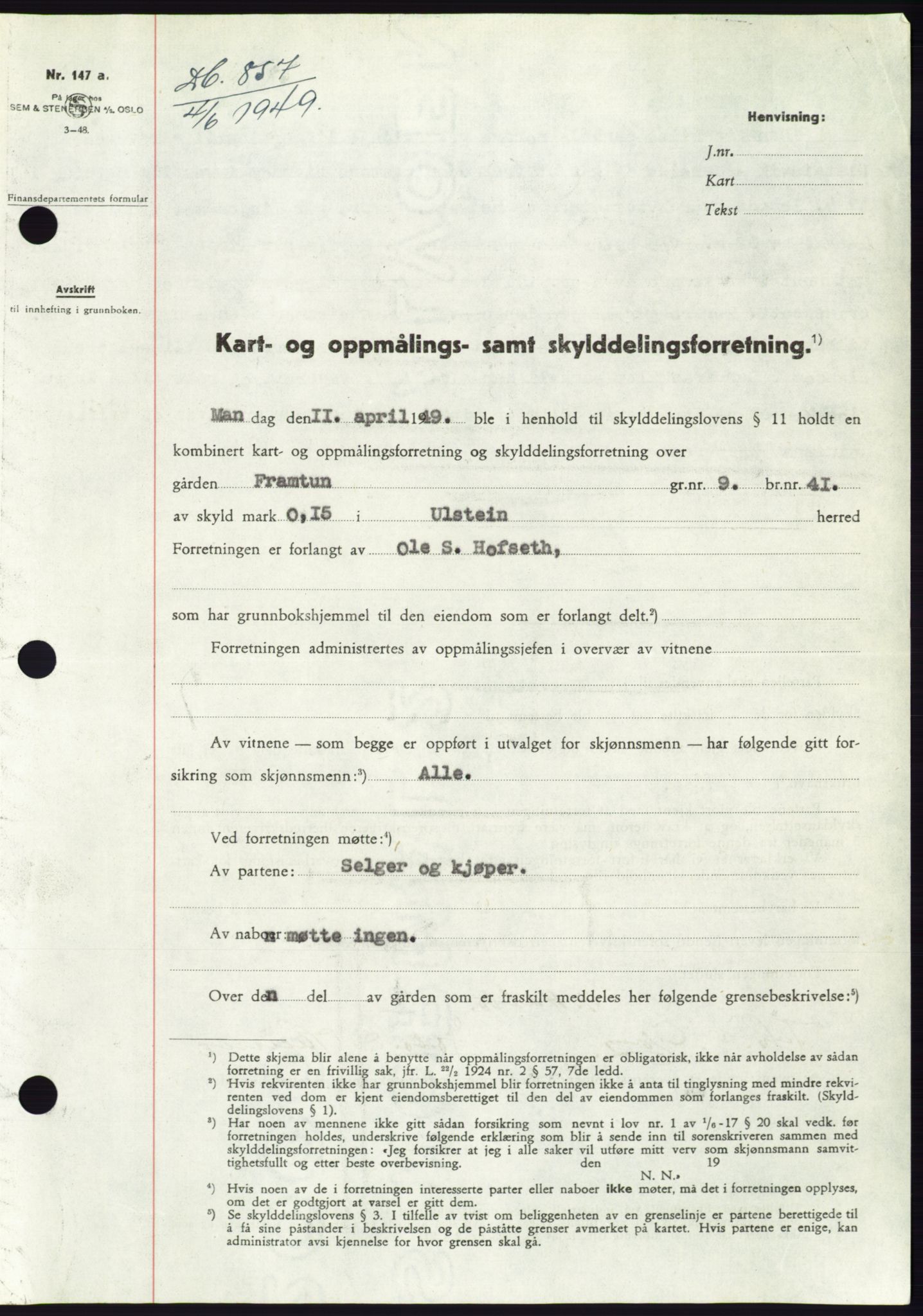 Søre Sunnmøre sorenskriveri, SAT/A-4122/1/2/2C/L0084: Pantebok nr. 10A, 1949-1949, Dagboknr: 857/1949