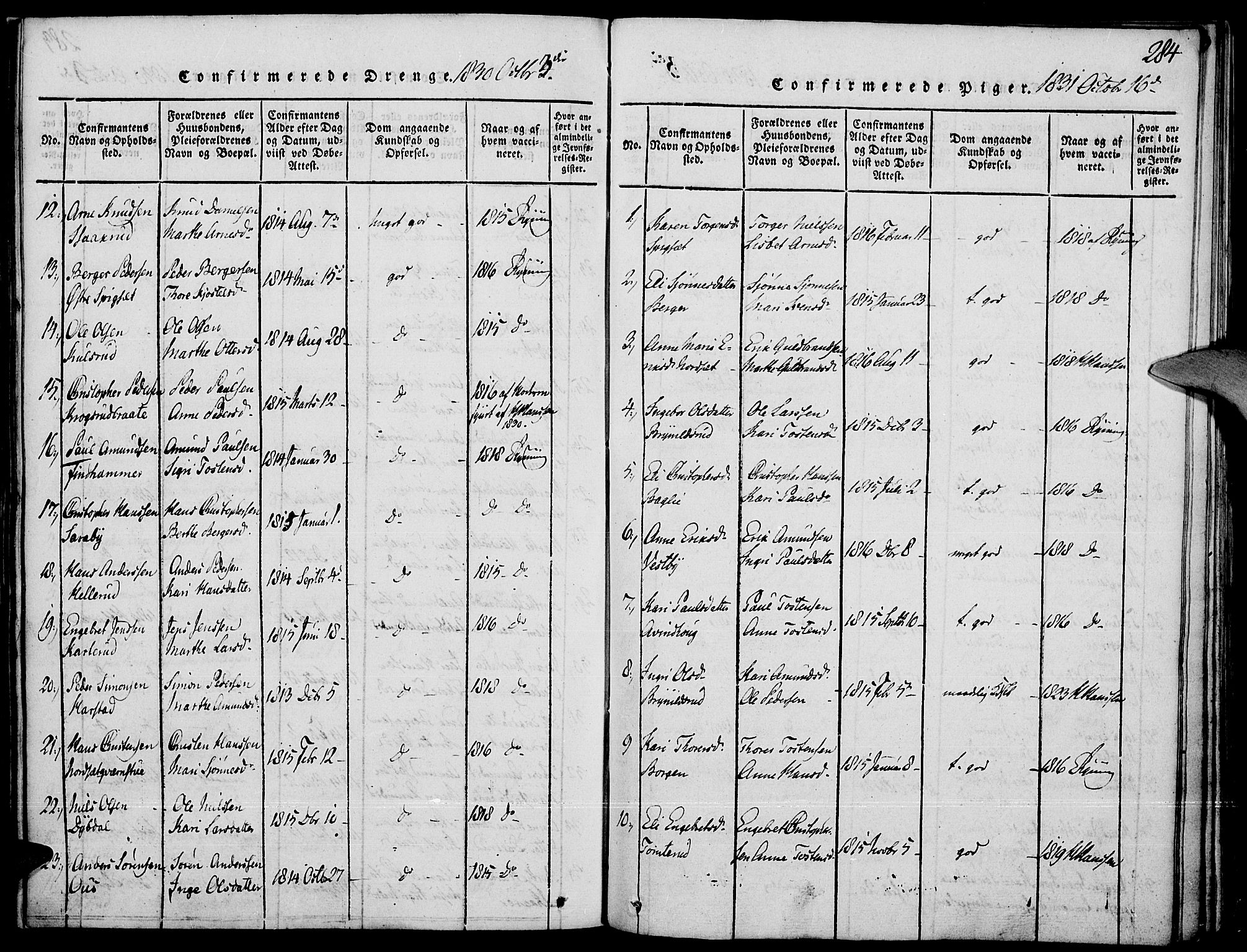 Strøm-Odalen prestekontor, SAH/PREST-028/H/Ha/Haa/L0006: Ministerialbok nr. 6, 1814-1850, s. 284