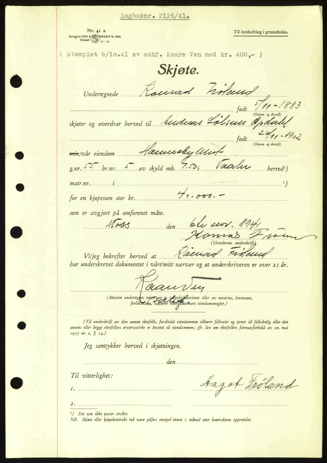 Moss sorenskriveri, SAO/A-10168: Pantebok nr. A9, 1941-1942, Dagboknr: 2126/1941