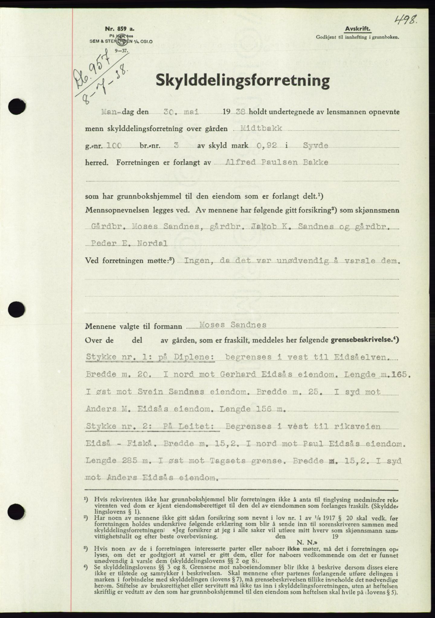 Søre Sunnmøre sorenskriveri, AV/SAT-A-4122/1/2/2C/L0065: Pantebok nr. 59, 1938-1938, Dagboknr: 957/1938