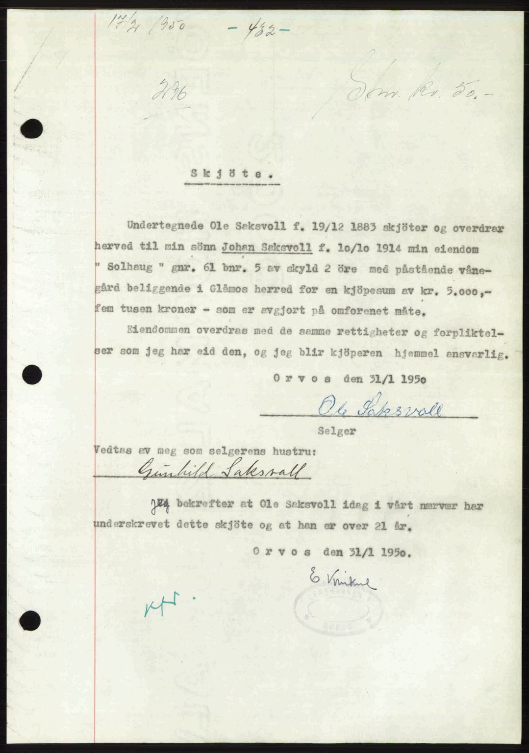 Gauldal sorenskriveri, SAT/A-0014/1/2/2C: Pantebok nr. A9, 1949-1950, Dagboknr: 296/1950