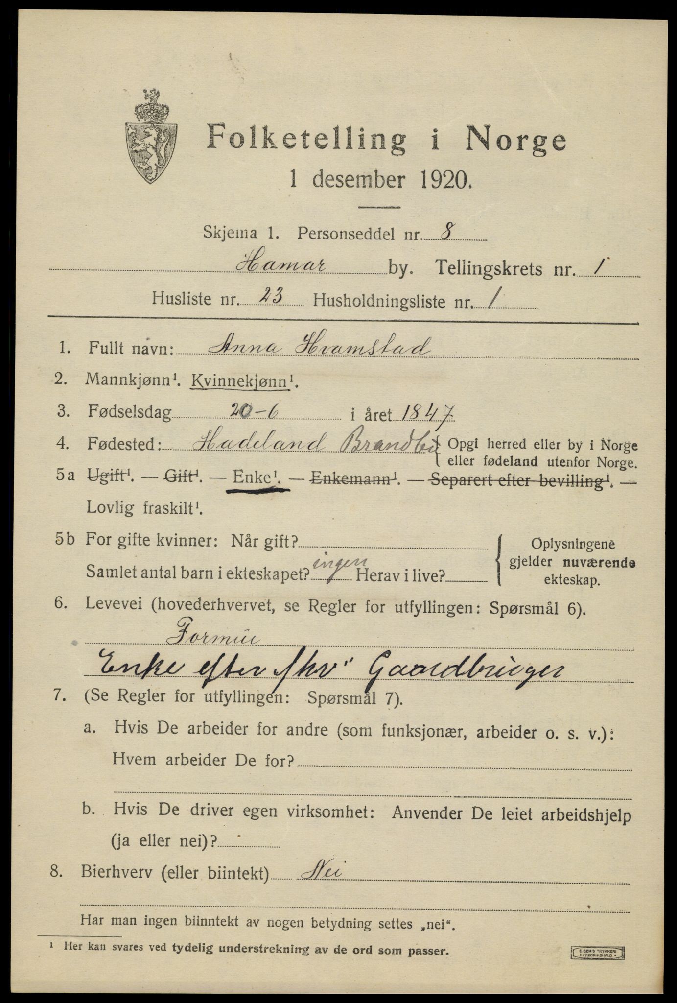 SAH, Folketelling 1920 for 0401 Hamar kjøpstad, 1920, s. 4705