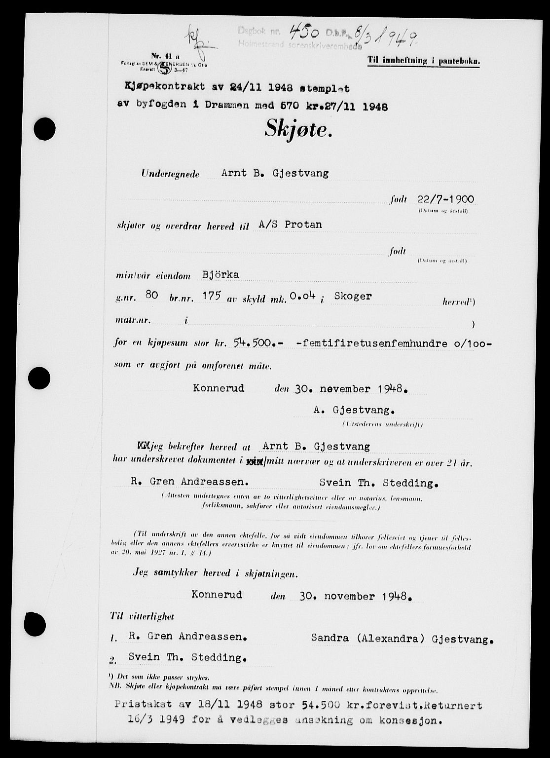 Holmestrand sorenskriveri, SAKO/A-67/G/Ga/Gaa/L0065: Pantebok nr. A-65, 1948-1949, Dagboknr: 450/1949