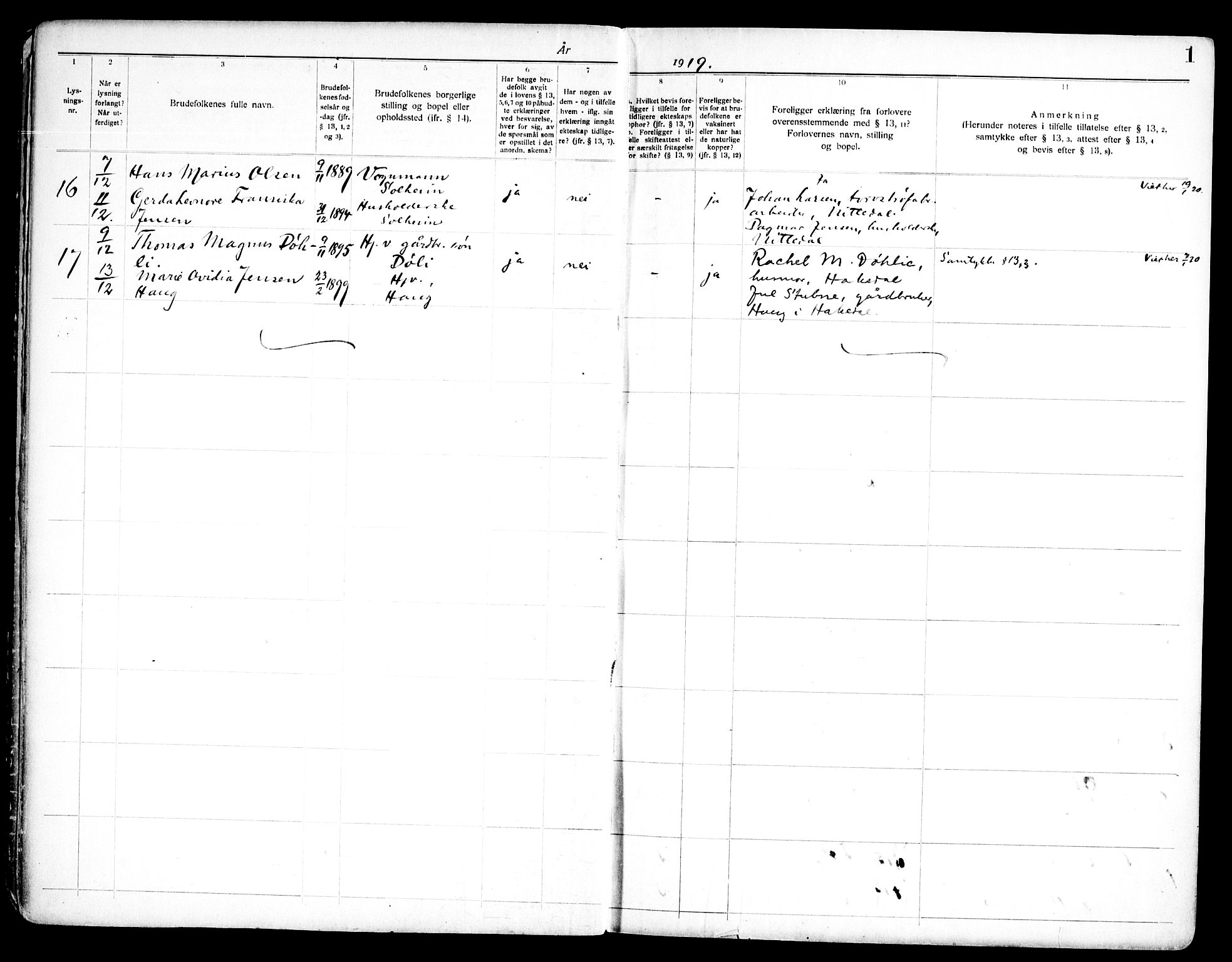 Nittedal prestekontor Kirkebøker, AV/SAO-A-10365a/H/Ha/L0001: Lysningsprotokoll nr. 1, 1919-1953, s. 1