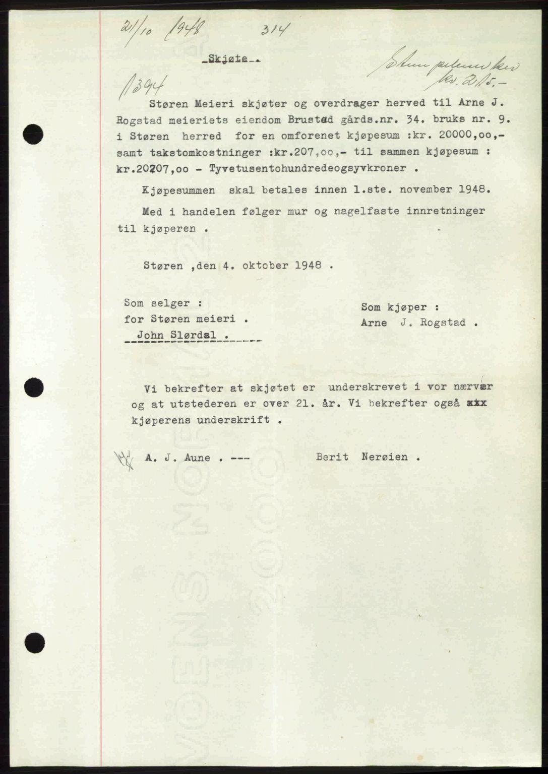 Gauldal sorenskriveri, SAT/A-0014/1/2/2C: Pantebok nr. A6, 1948-1948, Dagboknr: 1394/1948