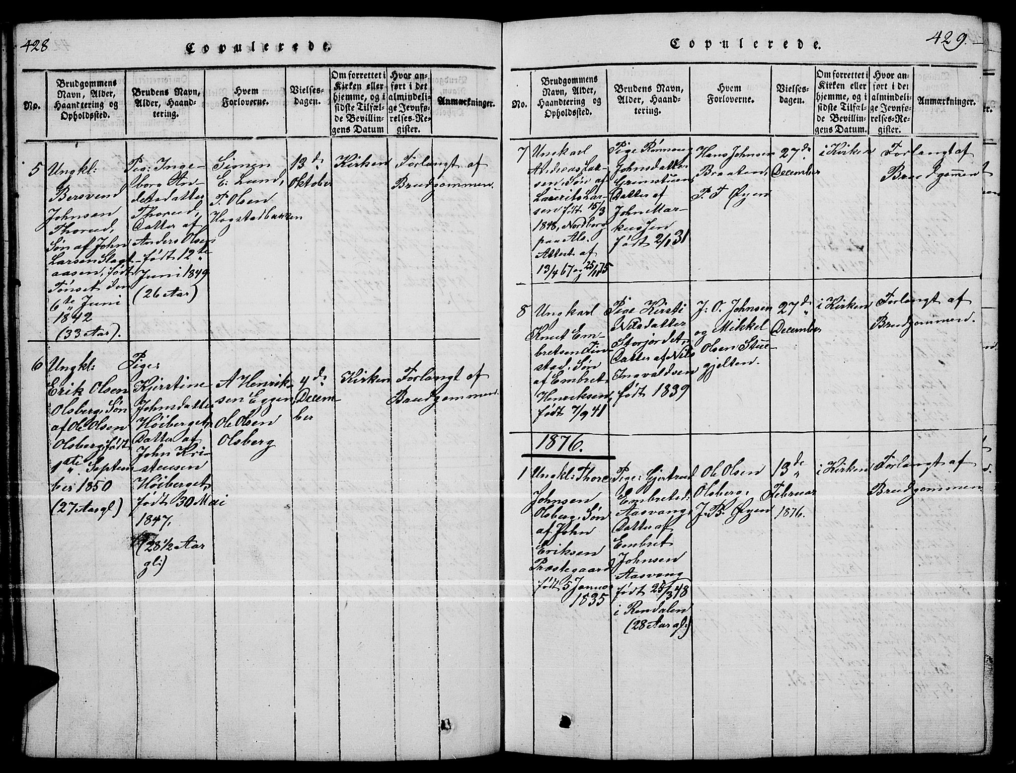 Tynset prestekontor, SAH/PREST-058/H/Ha/Hab/L0004: Klokkerbok nr. 4, 1814-1879, s. 428-429